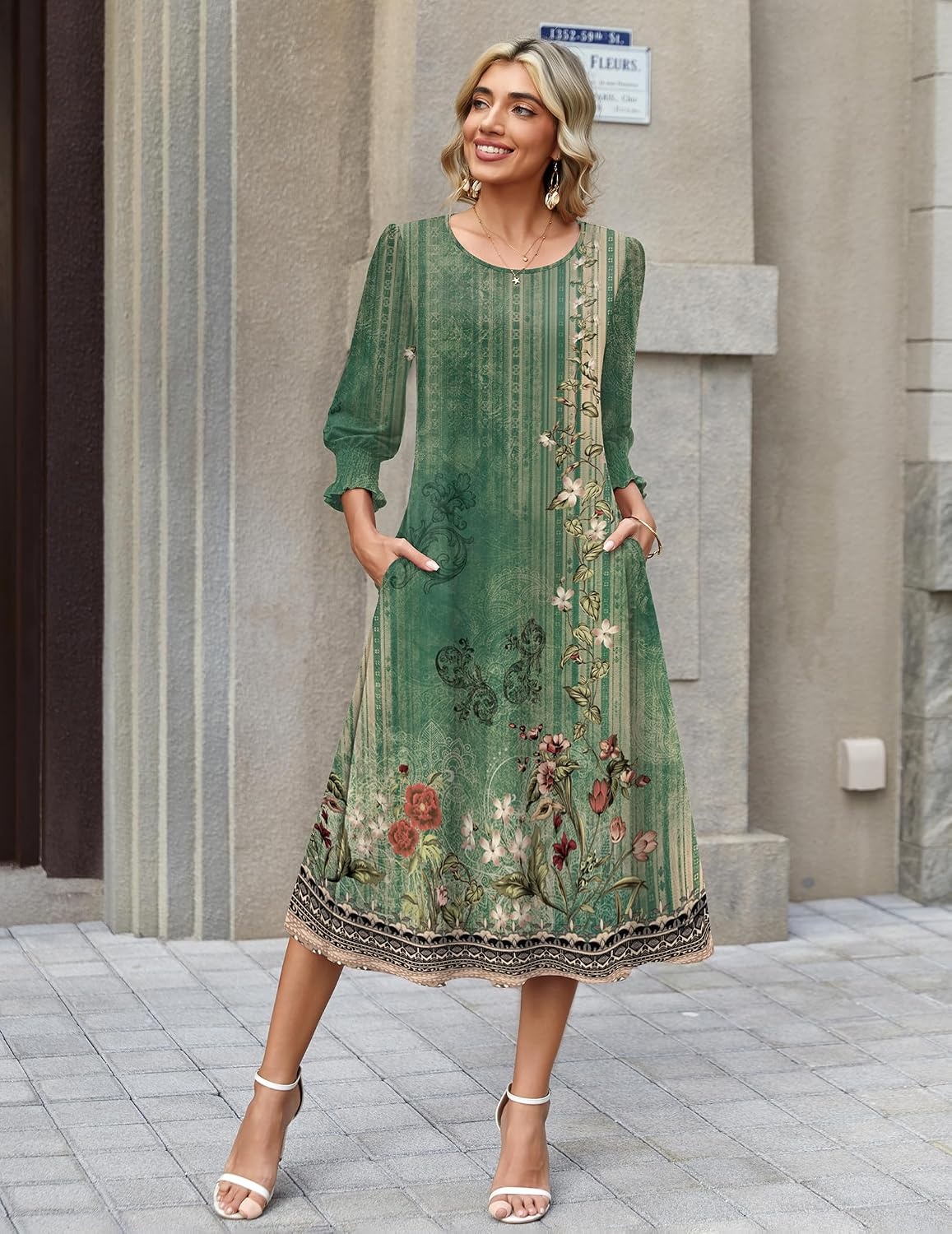 image:imageZeagoo Summer Dresses for Women 2026 34 Sleeve Dress for Women Floral Midi Dresses for Casual Womens Dresses with PocketsFloralmz840