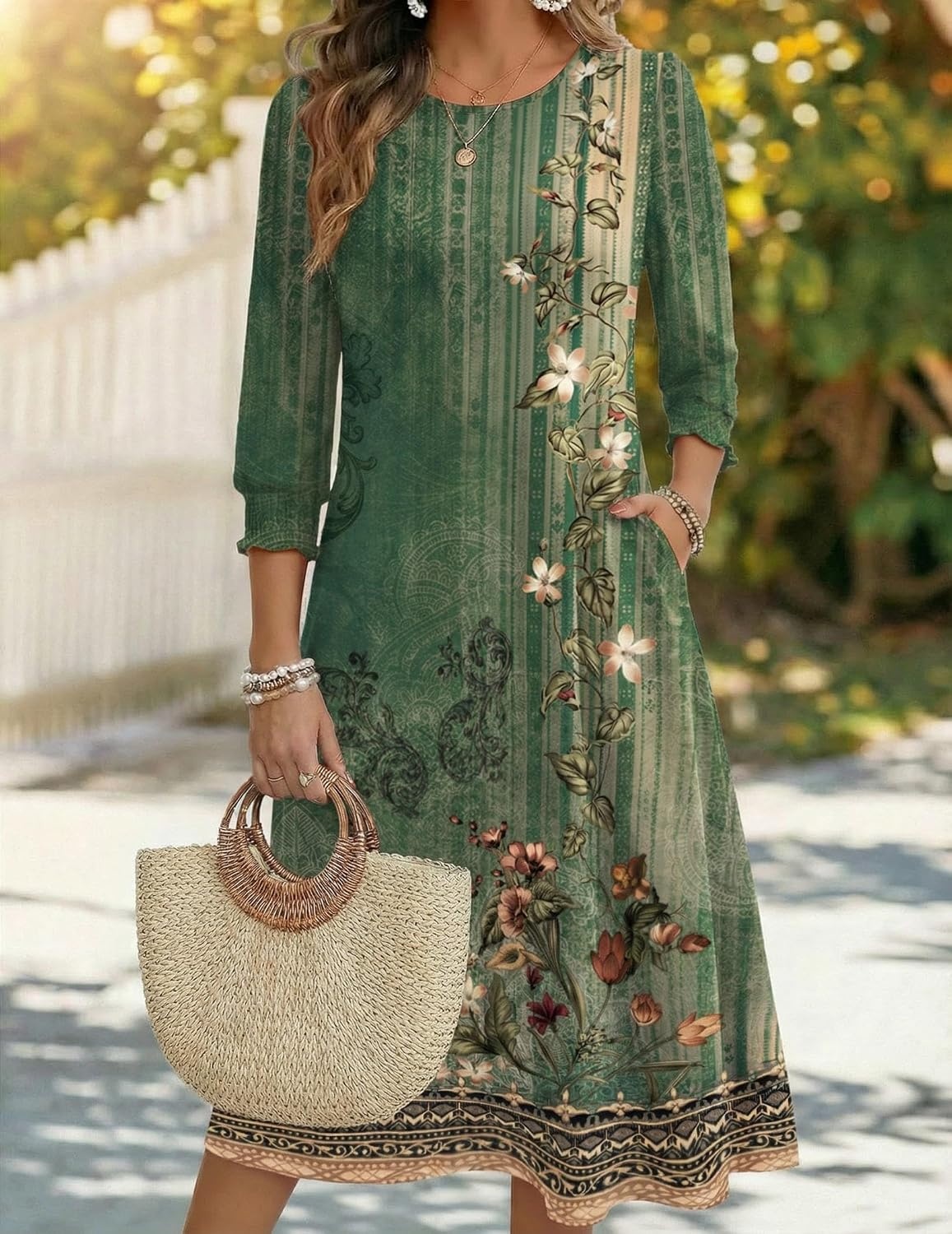 image:imageZeagoo Summer Dresses for Women 2026 34 Sleeve Dress for Women Floral Midi Dresses for Casual Womens Dresses with PocketsFloralmz840
