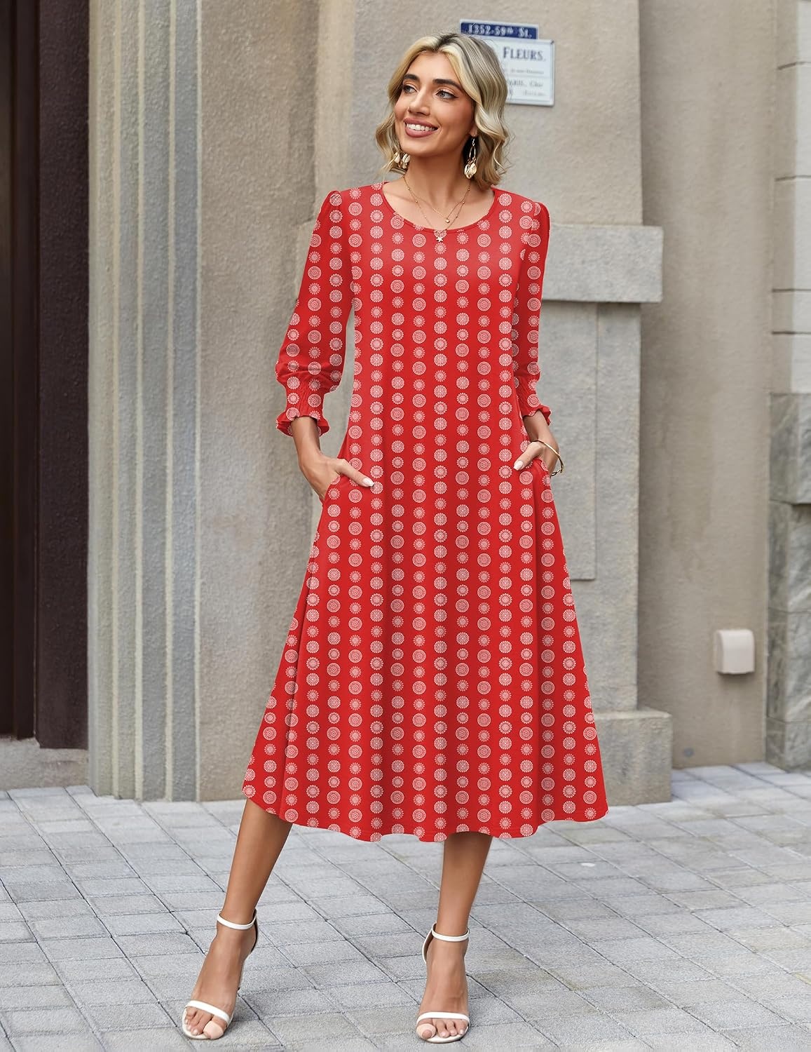 image:imageZeagoo Summer Dresses for Women 2026 34 Sleeve Dress for Women Floral Midi Dresses for Casual Womens Dresses with PocketsFloralmz910