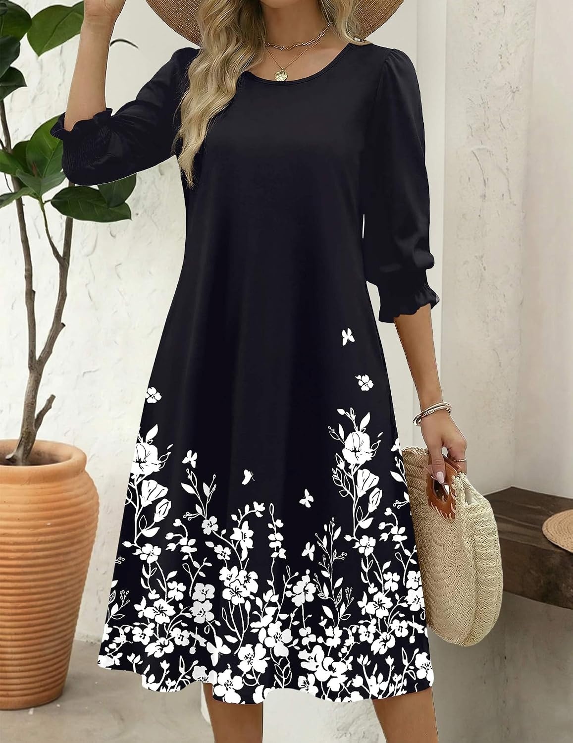 image:imageZeagoo Summer Dresses for Women 2026 34 Sleeve Dress for Women Floral Midi Dresses for Casual Womens Dresses with PocketsFloralsf100