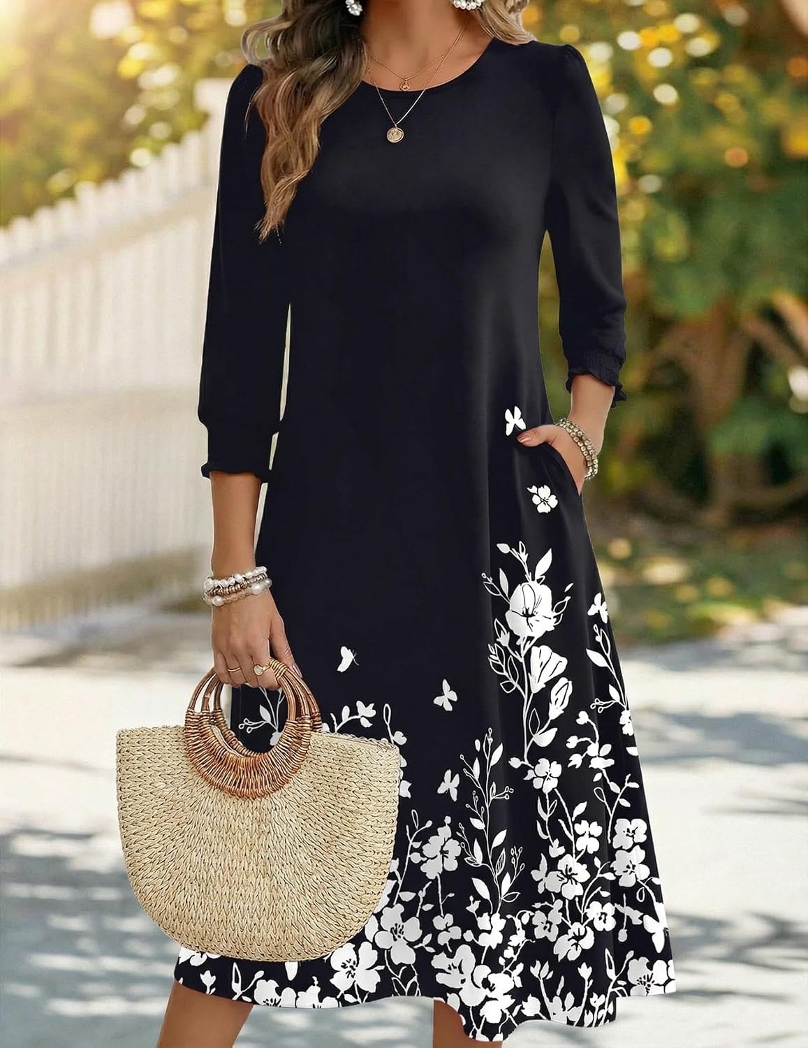 image:imageZeagoo Summer Dresses for Women 2026 34 Sleeve Dress for Women Floral Midi Dresses for Casual Womens Dresses with PocketsFloralsf100