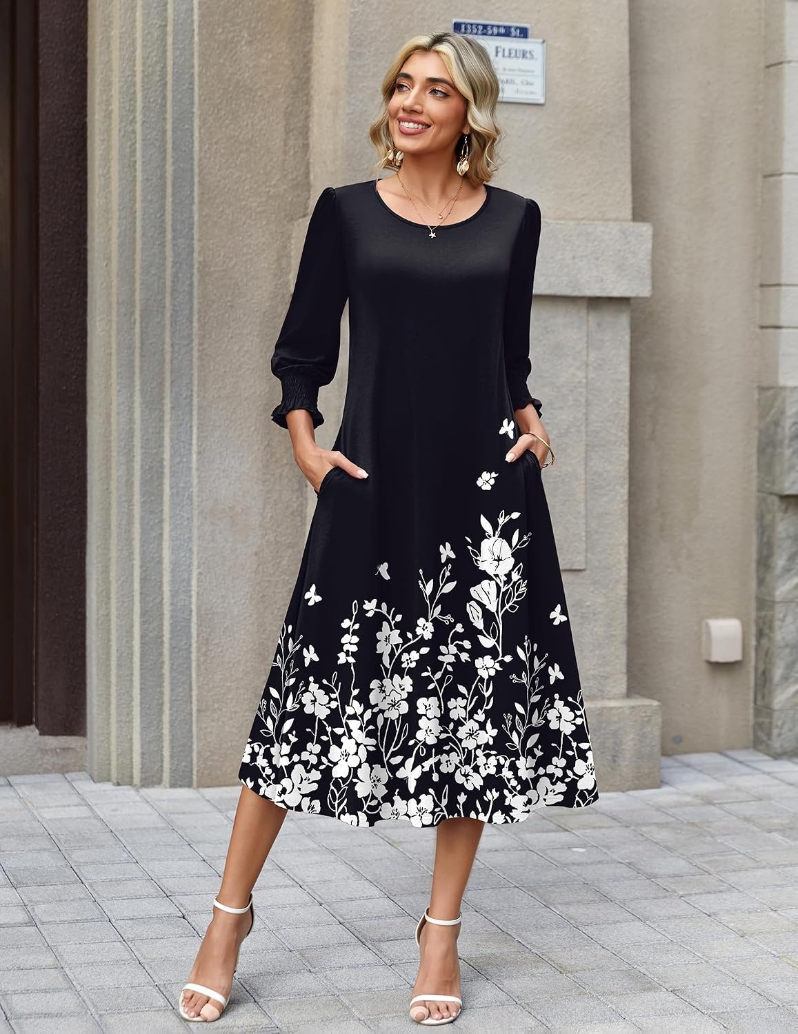 image:imageZeagoo Summer Dresses for Women 2026 34 Sleeve Dress for Women Floral Midi Dresses for Casual Womens Dresses with PocketsFloralsf100