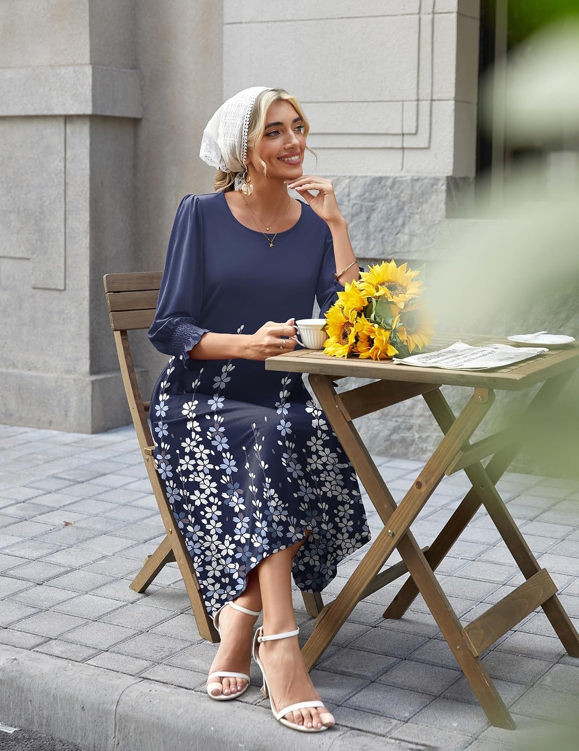 image:imageZeagoo Summer Dresses for Women 2026 34 Sleeve Dress for Women Floral Midi Dresses for Casual Womens Dresses with PocketsFloralsf119