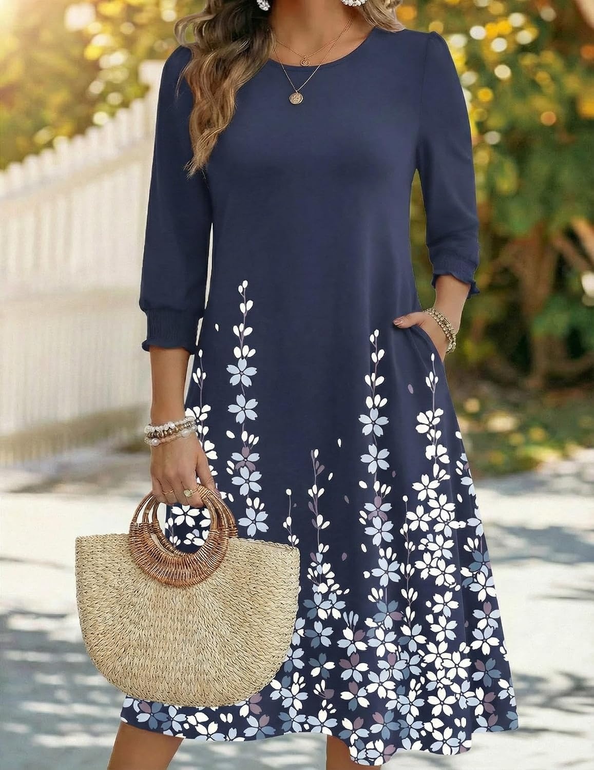image:imageZeagoo Summer Dresses for Women 2026 34 Sleeve Dress for Women Floral Midi Dresses for Casual Womens Dresses with PocketsFloralsf119