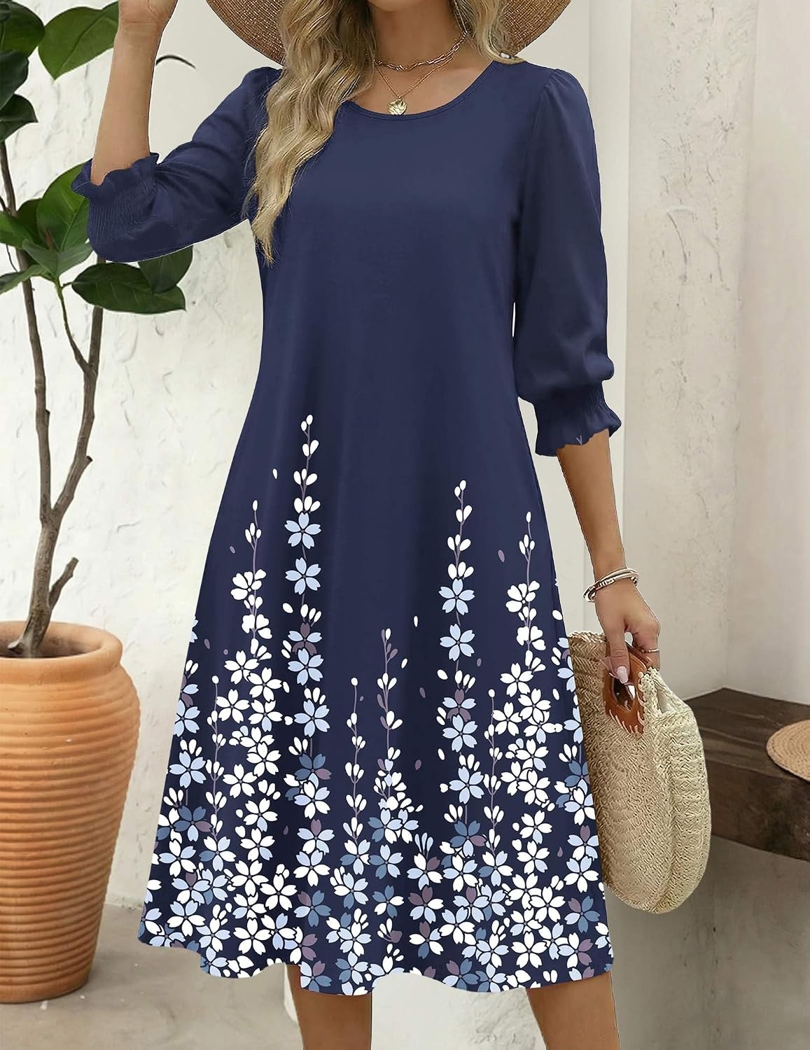 image:imageZeagoo Summer Dresses for Women 2026 34 Sleeve Dress for Women Floral Midi Dresses for Casual Womens Dresses with PocketsFloralsf119