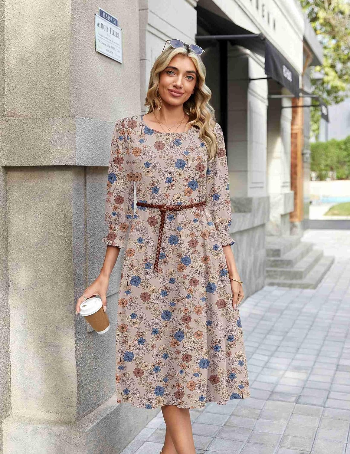 image:imageZeagoo Summer Dresses for Women 2026 34 Sleeve Dress for Women Floral Midi Dresses for Casual Womens Dresses with PocketsFloralsf170