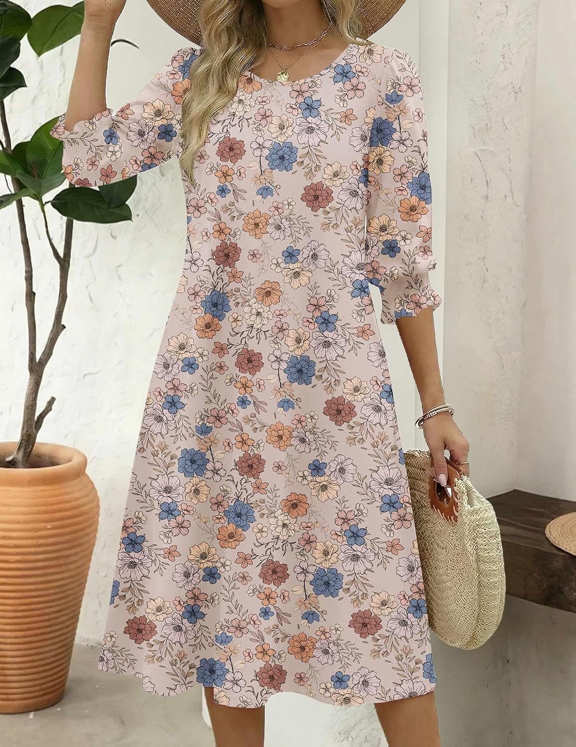 image:imageZeagoo Summer Dresses for Women 2026 34 Sleeve Dress for Women Floral Midi Dresses for Casual Womens Dresses with PocketsFloralsf170
