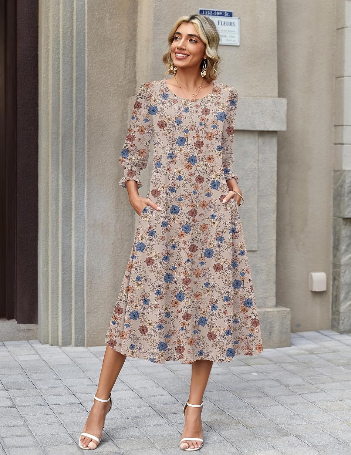 image:imageZeagoo Summer Dresses for Women 2026 34 Sleeve Dress for Women Floral Midi Dresses for Casual Womens Dresses with PocketsFloralsf170