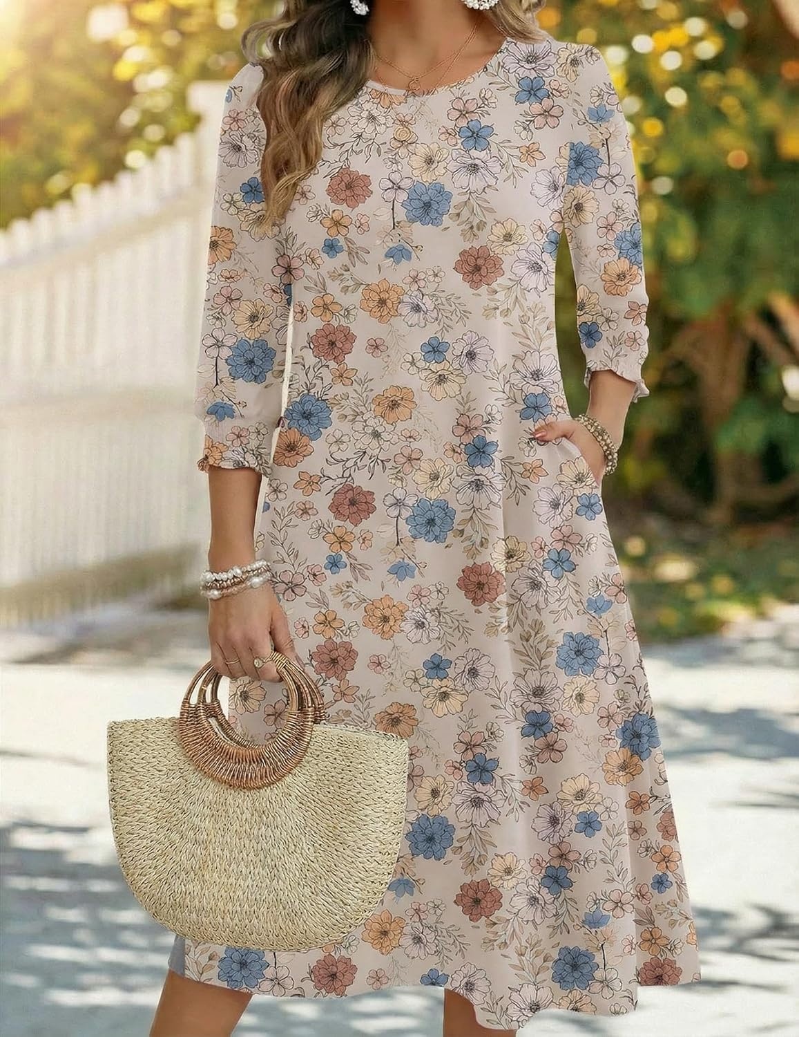 image:imageZeagoo Summer Dresses for Women 2026 34 Sleeve Dress for Women Floral Midi Dresses for Casual Womens Dresses with PocketsFloralsf170