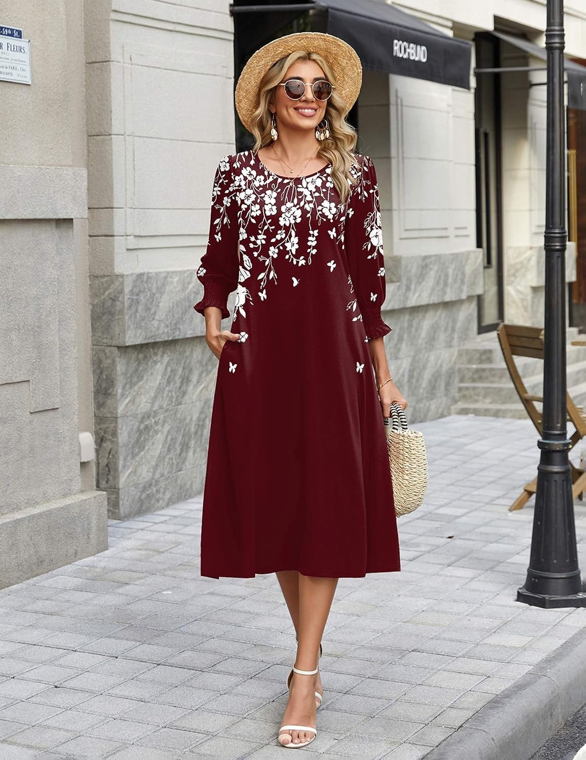 image:imageZeagoo Summer Dresses for Women 2026 34 Sleeve Dress for Women Floral Midi Dresses for Casual Womens Dresses with PocketsFloralsf186