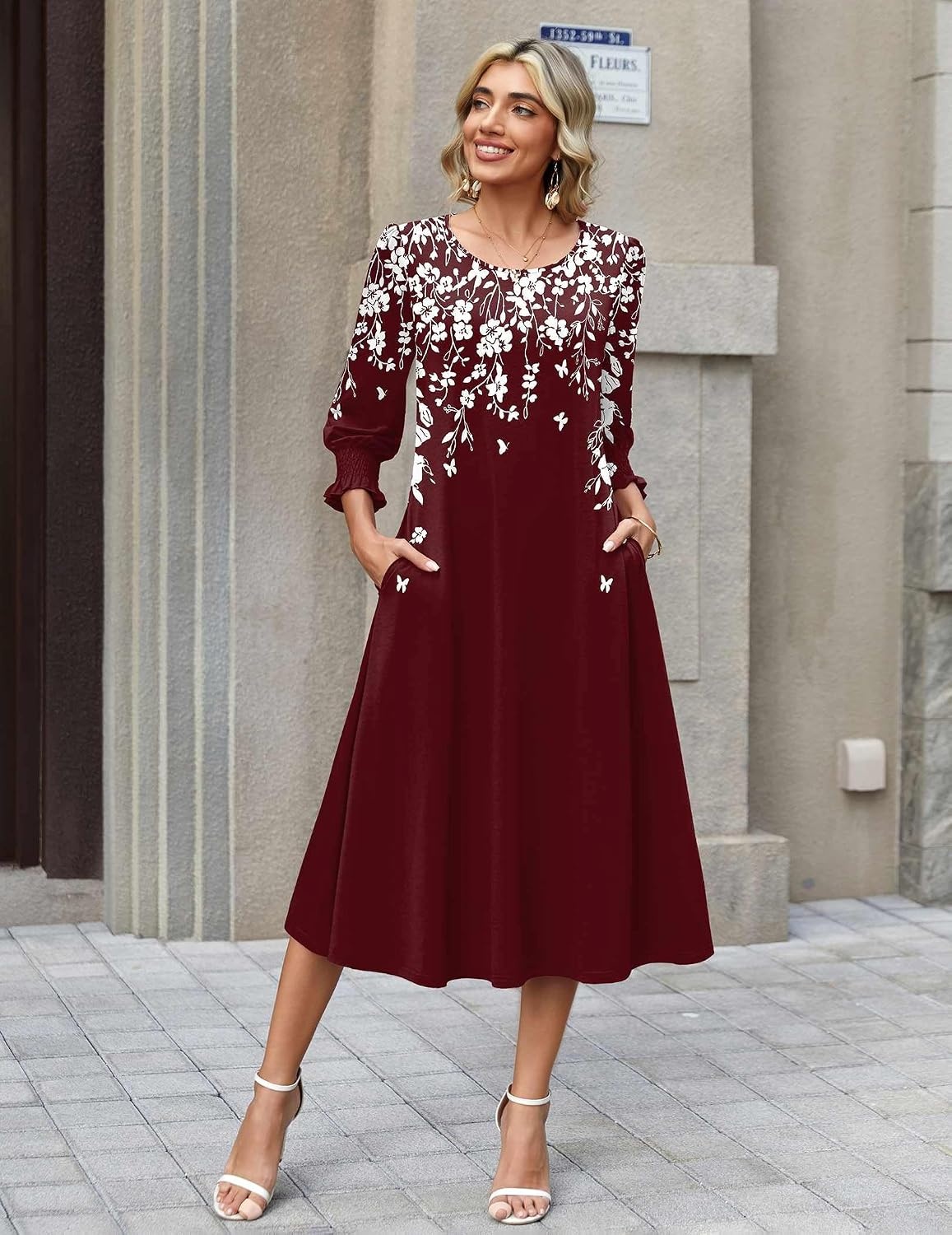 image:imageZeagoo Summer Dresses for Women 2026 34 Sleeve Dress for Women Floral Midi Dresses for Casual Womens Dresses with PocketsFloralsf186