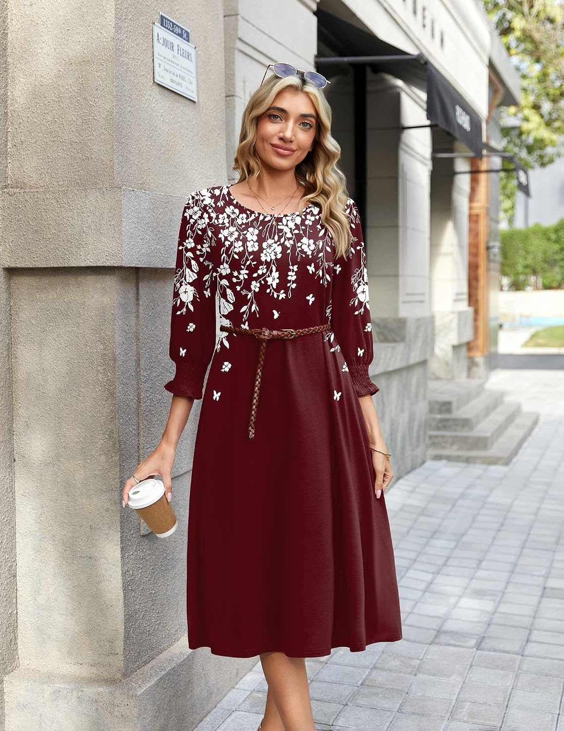 image:imageZeagoo Summer Dresses for Women 2026 34 Sleeve Dress for Women Floral Midi Dresses for Casual Womens Dresses with PocketsFloralsf186