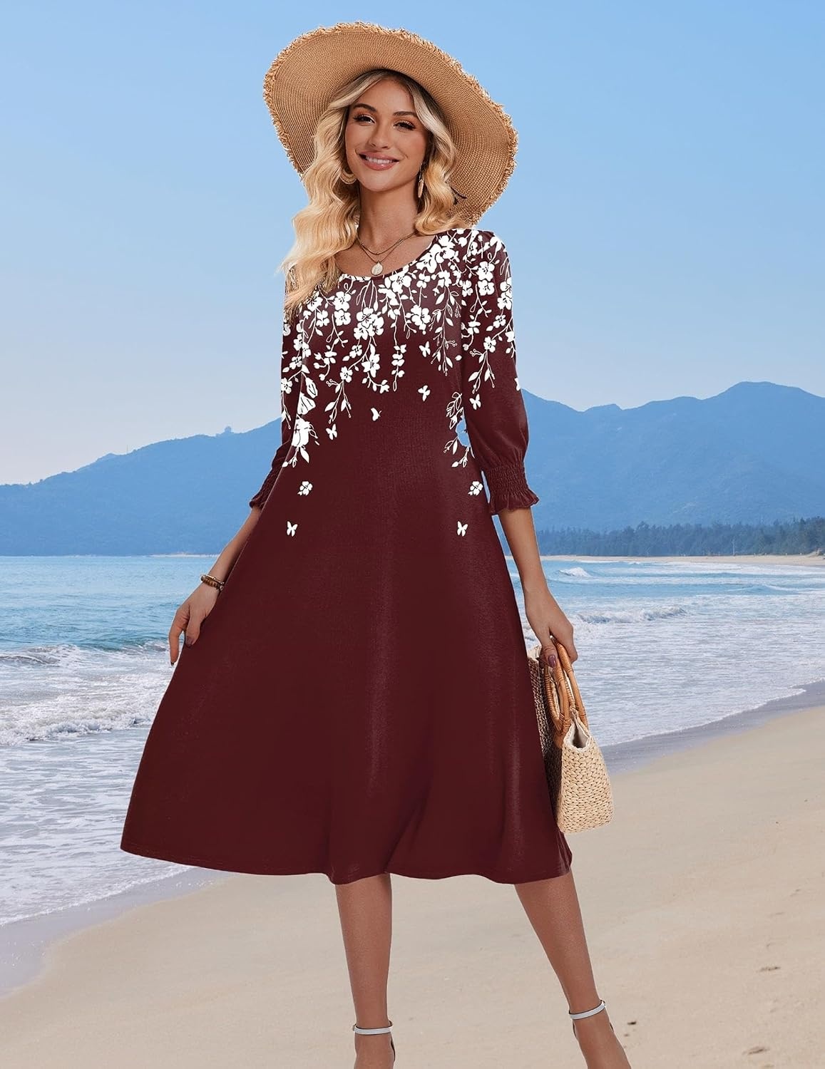 image:imageZeagoo Summer Dresses for Women 2026 34 Sleeve Dress for Women Floral Midi Dresses for Casual Womens Dresses with PocketsFloralsf186