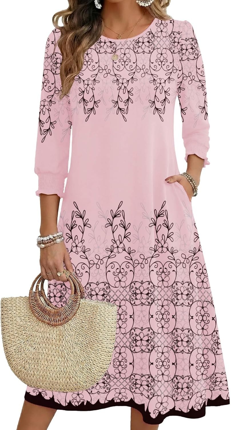image:imageZeagoo Summer Dresses for Women 2026 34 Sleeve Dress for Women Floral Midi Dresses for Casual Womens Dresses with PocketsFloralsf292
