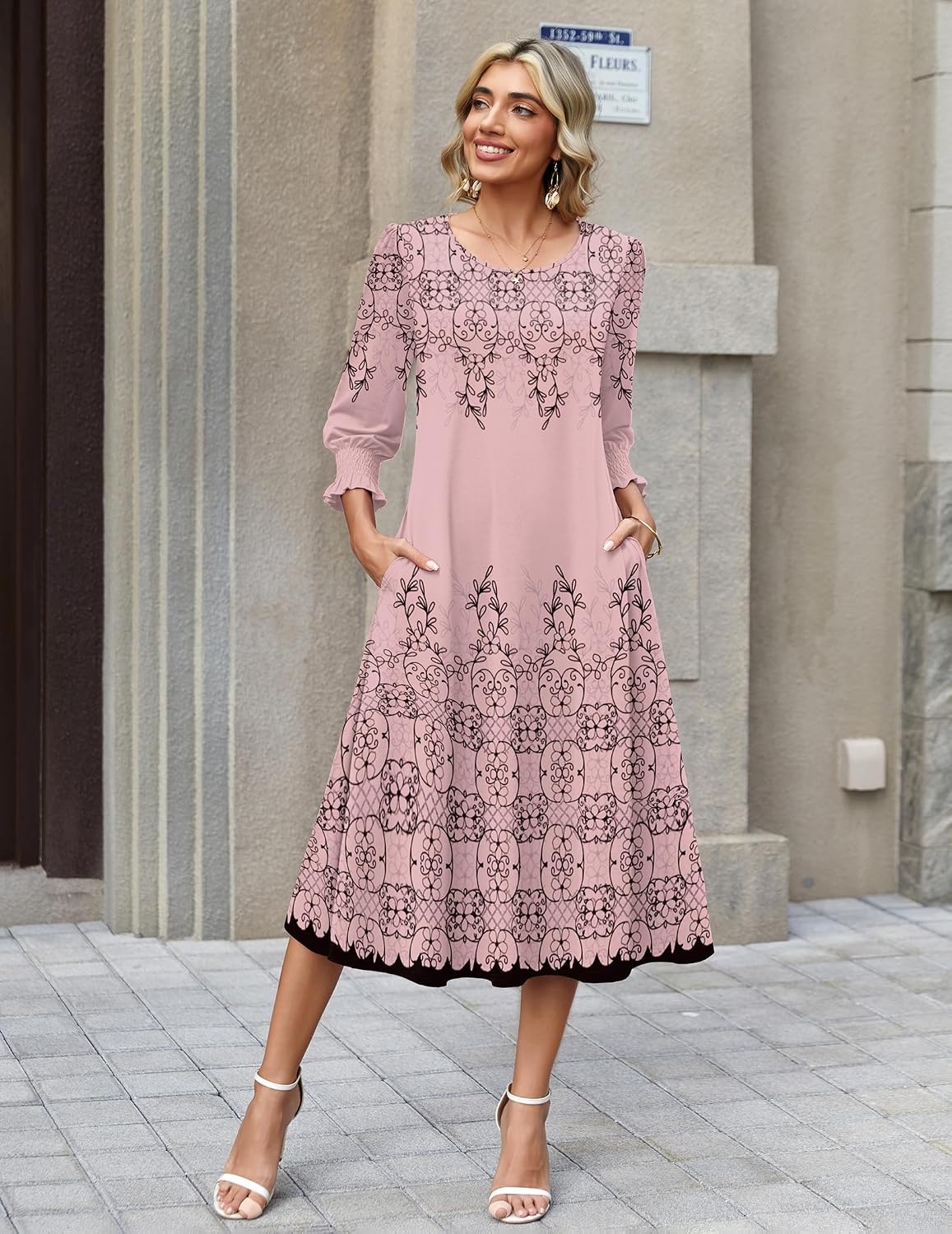 image:imageZeagoo Summer Dresses for Women 2026 34 Sleeve Dress for Women Floral Midi Dresses for Casual Womens Dresses with PocketsFloralsf292