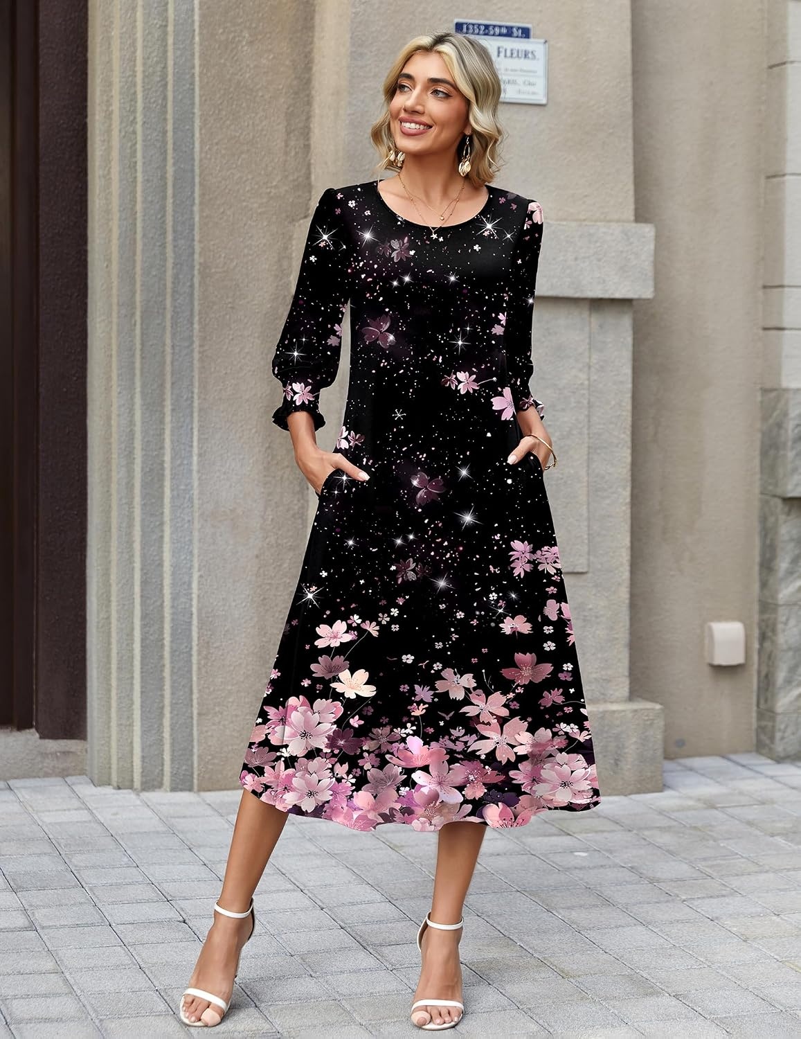 image:imageZeagoo Summer Dresses for Women 2026 34 Sleeve Dress for Women Floral Midi Dresses for Casual Womens Dresses with PocketsFloralsf31