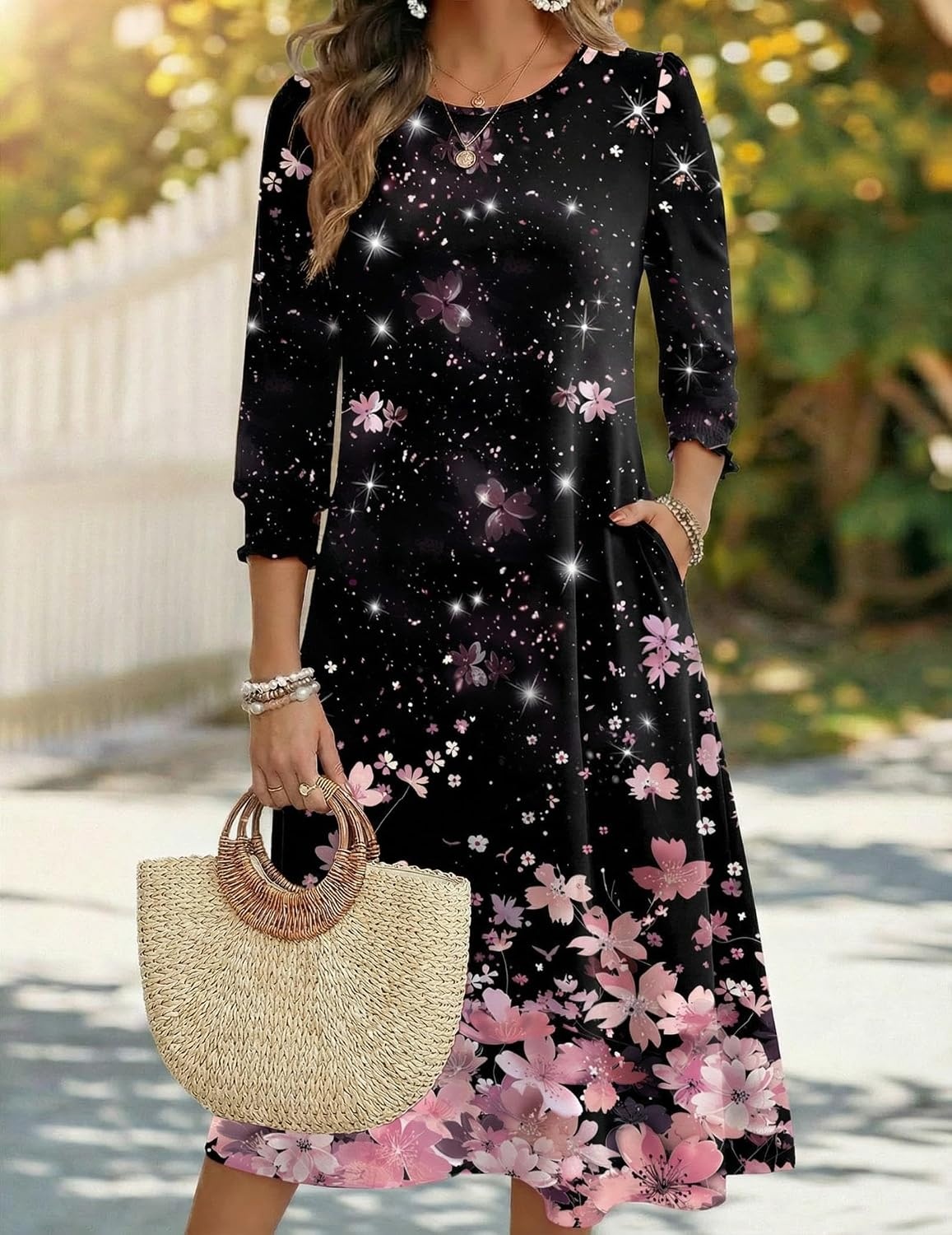 image:imageZeagoo Summer Dresses for Women 2026 34 Sleeve Dress for Women Floral Midi Dresses for Casual Womens Dresses with PocketsFloralsf31
