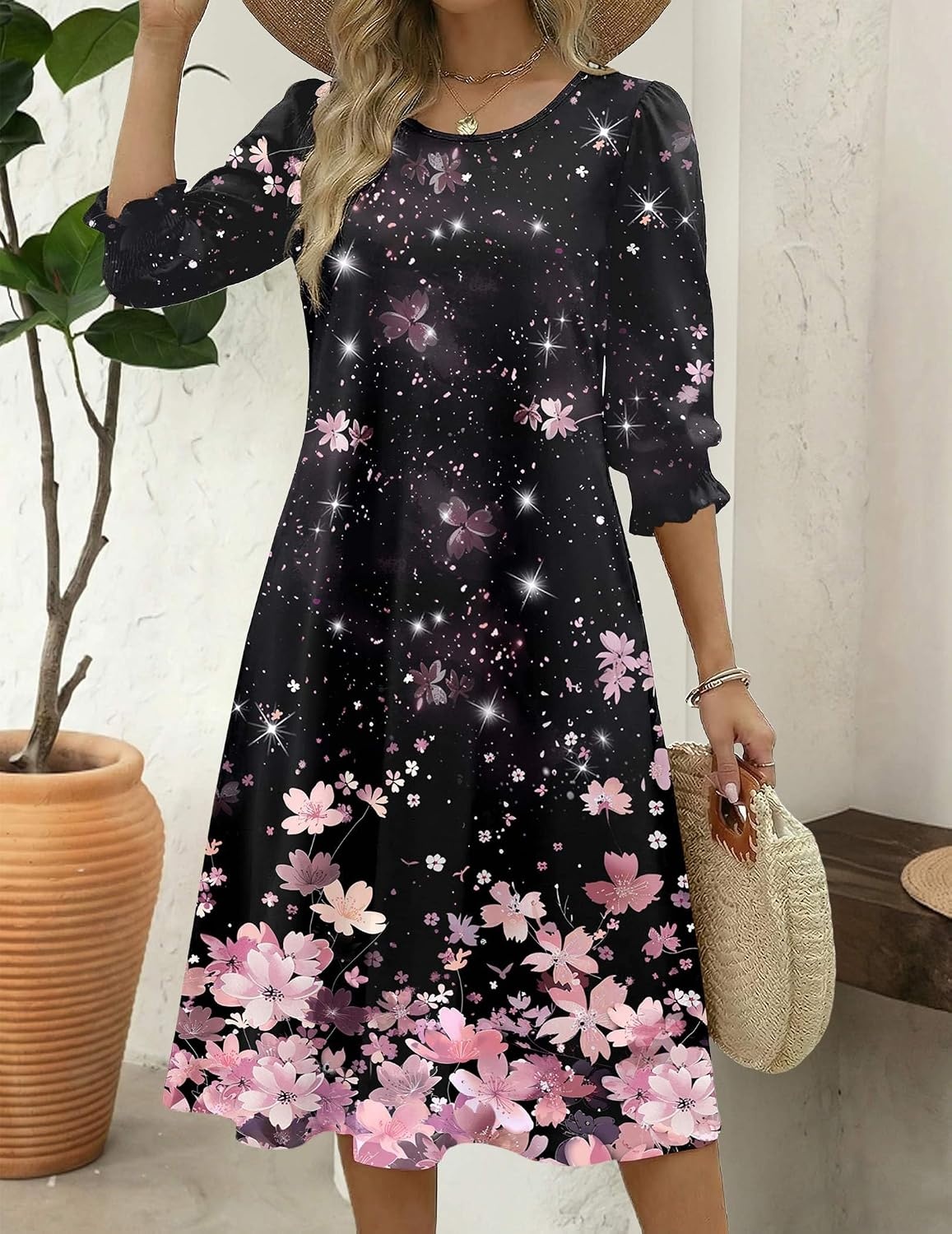image:imageZeagoo Summer Dresses for Women 2026 34 Sleeve Dress for Women Floral Midi Dresses for Casual Womens Dresses with PocketsFloralsf31