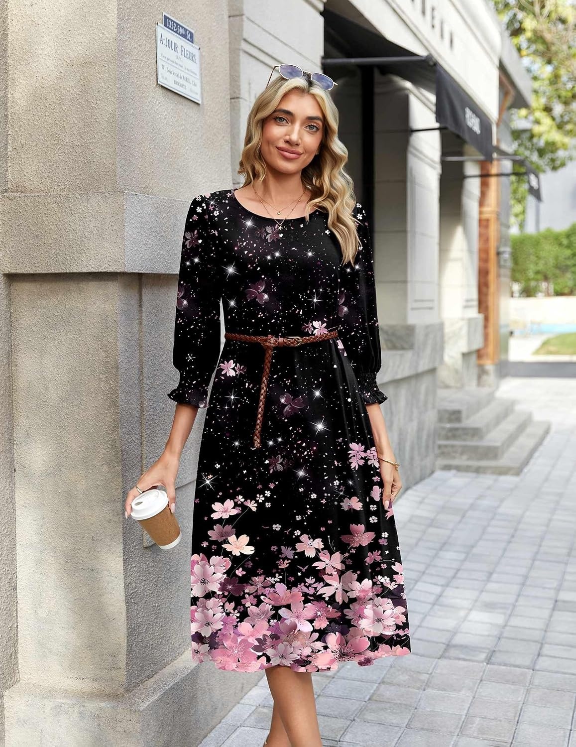 image:imageZeagoo Summer Dresses for Women 2026 34 Sleeve Dress for Women Floral Midi Dresses for Casual Womens Dresses with PocketsFloralsf31