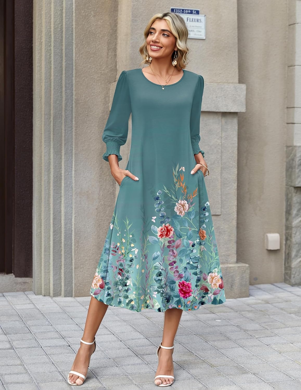 image:imageZeagoo Summer Dresses for Women 2026 34 Sleeve Dress for Women Floral Midi Dresses for Casual Womens Dresses with PocketsFloralwf115