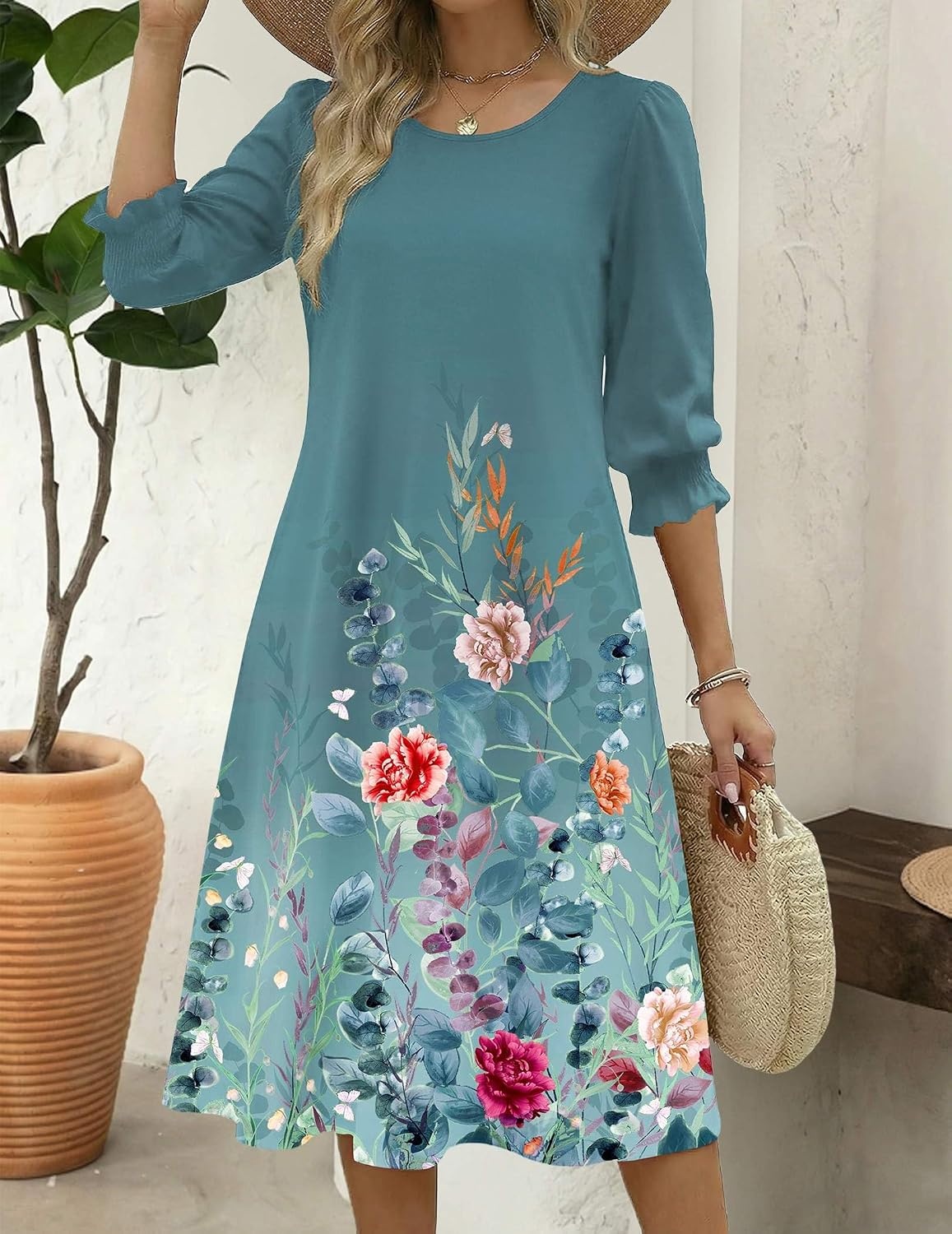 image:imageZeagoo Summer Dresses for Women 2026 34 Sleeve Dress for Women Floral Midi Dresses for Casual Womens Dresses with PocketsFloralwf115