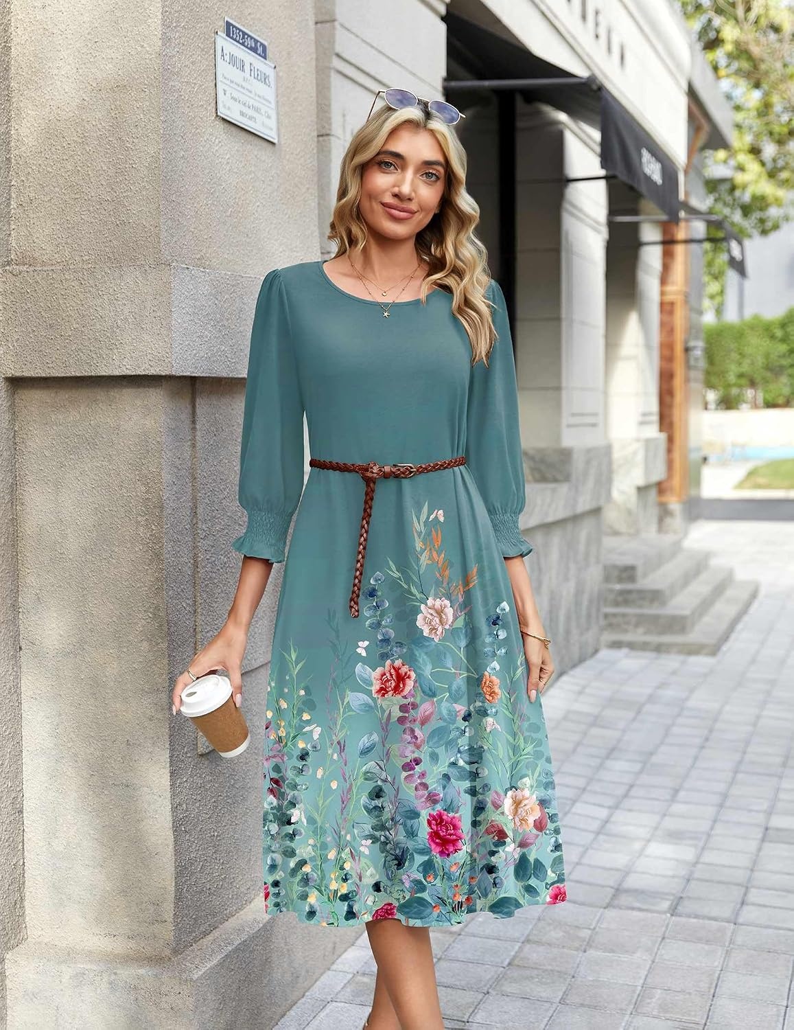 image:imageZeagoo Summer Dresses for Women 2026 34 Sleeve Dress for Women Floral Midi Dresses for Casual Womens Dresses with PocketsFloralwf115