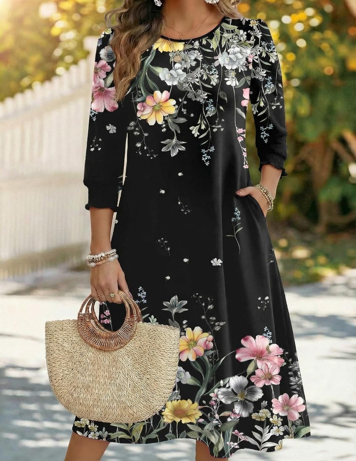 image:imageZeagoo Summer Dresses for Women 2026 34 Sleeve Dress for Women Floral Midi Dresses for Casual Womens Dresses with PocketsFloralwf120