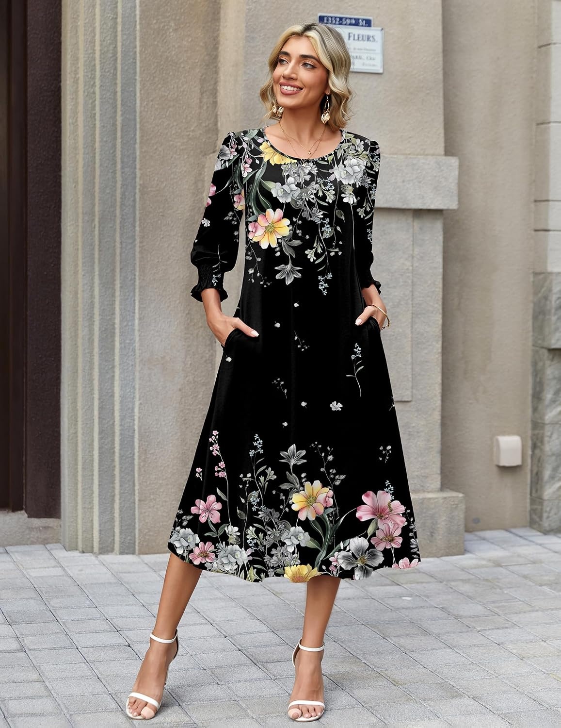 image:imageZeagoo Summer Dresses for Women 2026 34 Sleeve Dress for Women Floral Midi Dresses for Casual Womens Dresses with PocketsFloralwf120