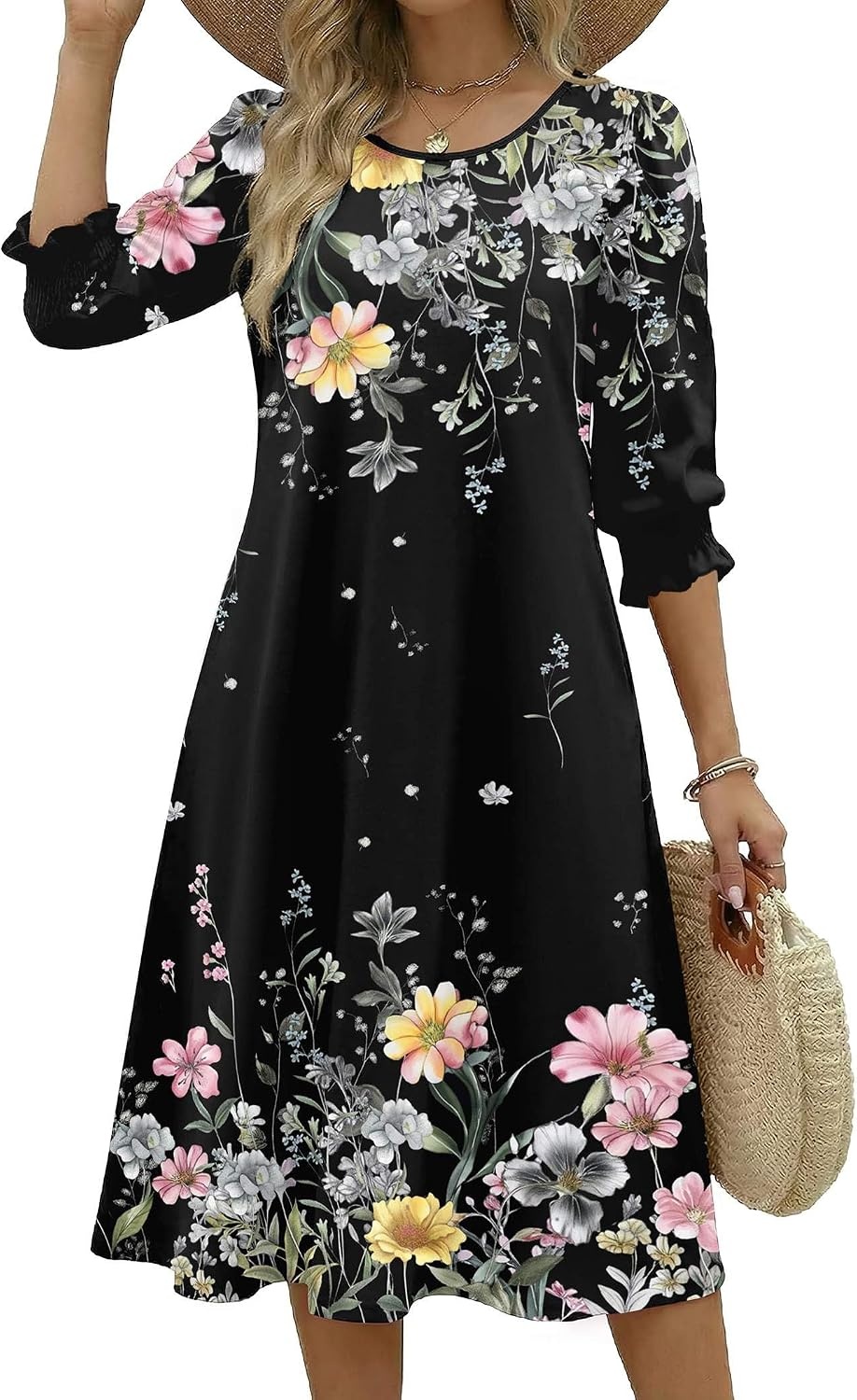 image:imageZeagoo Summer Dresses for Women 2026 34 Sleeve Dress for Women Floral Midi Dresses for Casual Womens Dresses with PocketsFloralwf120