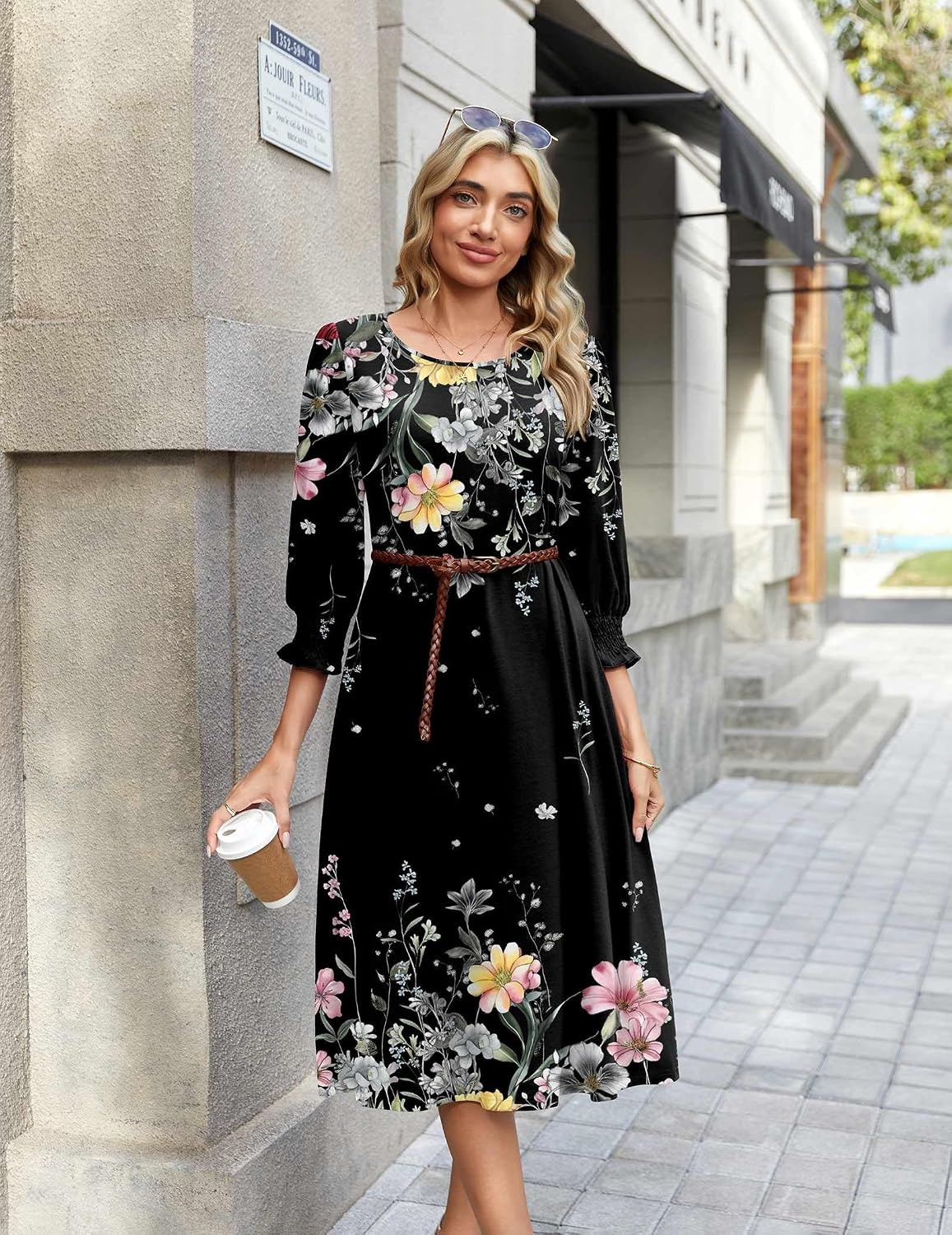 image:imageZeagoo Summer Dresses for Women 2026 34 Sleeve Dress for Women Floral Midi Dresses for Casual Womens Dresses with PocketsFloralwf120
