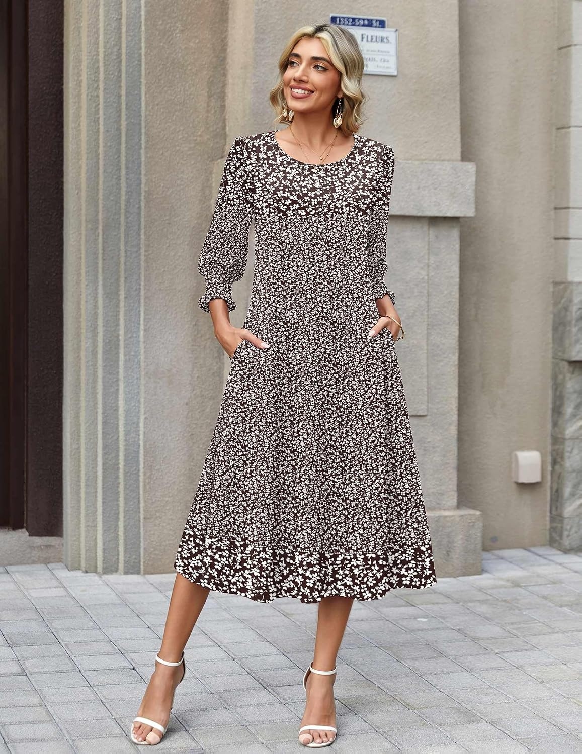 image:imageZeagoo Summer Dresses for Women 2026 34 Sleeve Dress for Women Floral Midi Dresses for Casual Womens Dresses with PocketsFloralxh526