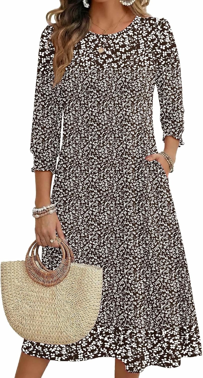 image:imageZeagoo Summer Dresses for Women 2026 34 Sleeve Dress for Women Floral Midi Dresses for Casual Womens Dresses with PocketsFloralxh526