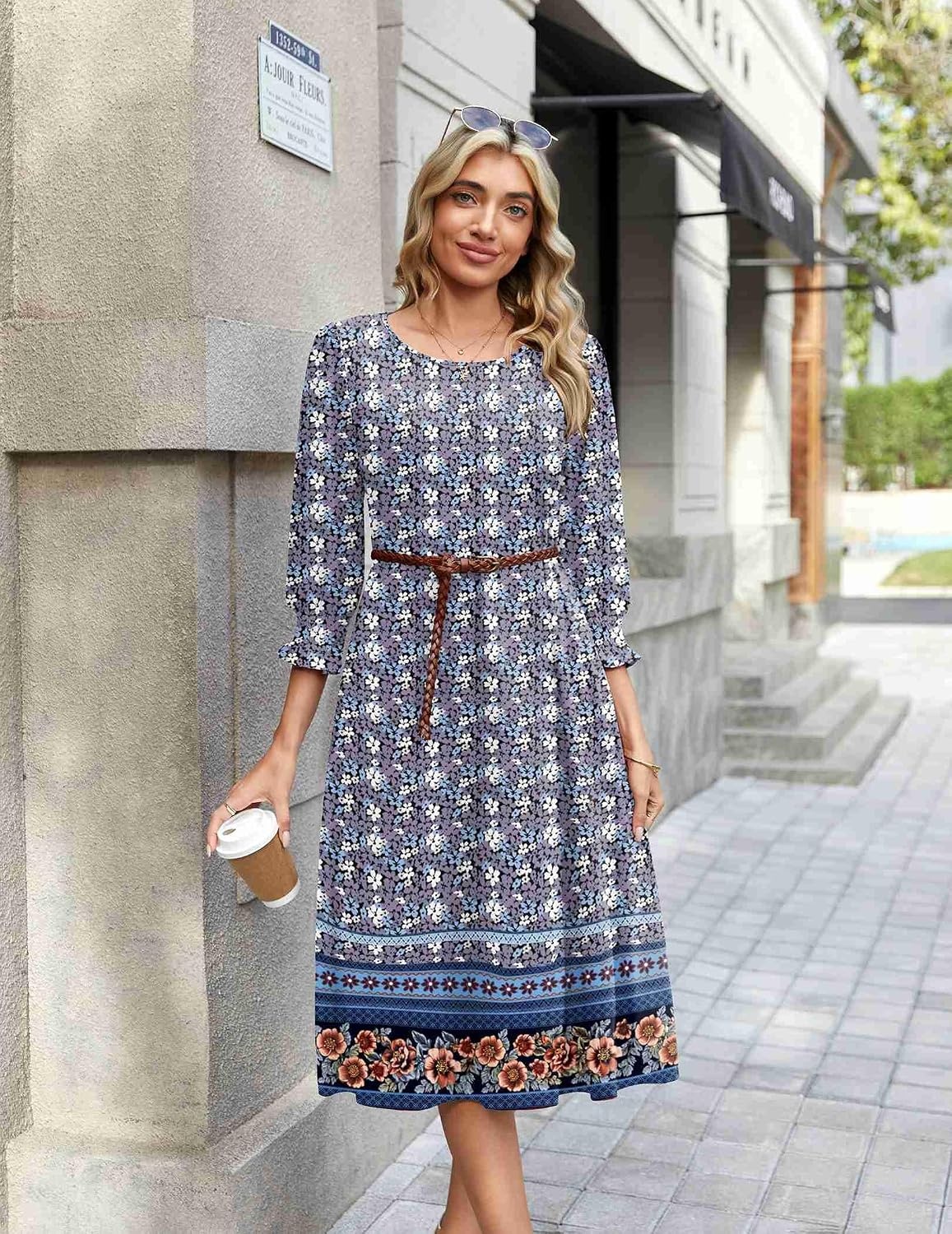 image:imageZeagoo Summer Dresses for Women 2026 34 Sleeve Dress for Women Floral Midi Dresses for Casual Womens Dresses with PocketsFloralxh547
