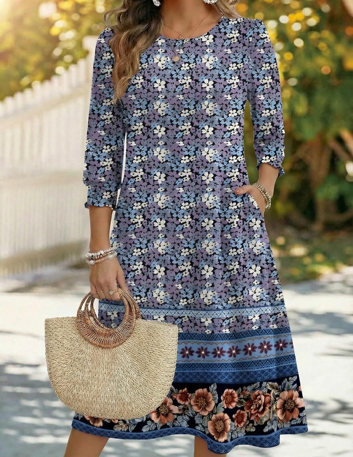 image:imageZeagoo Summer Dresses for Women 2026 34 Sleeve Dress for Women Floral Midi Dresses for Casual Womens Dresses with PocketsFloralxh547
