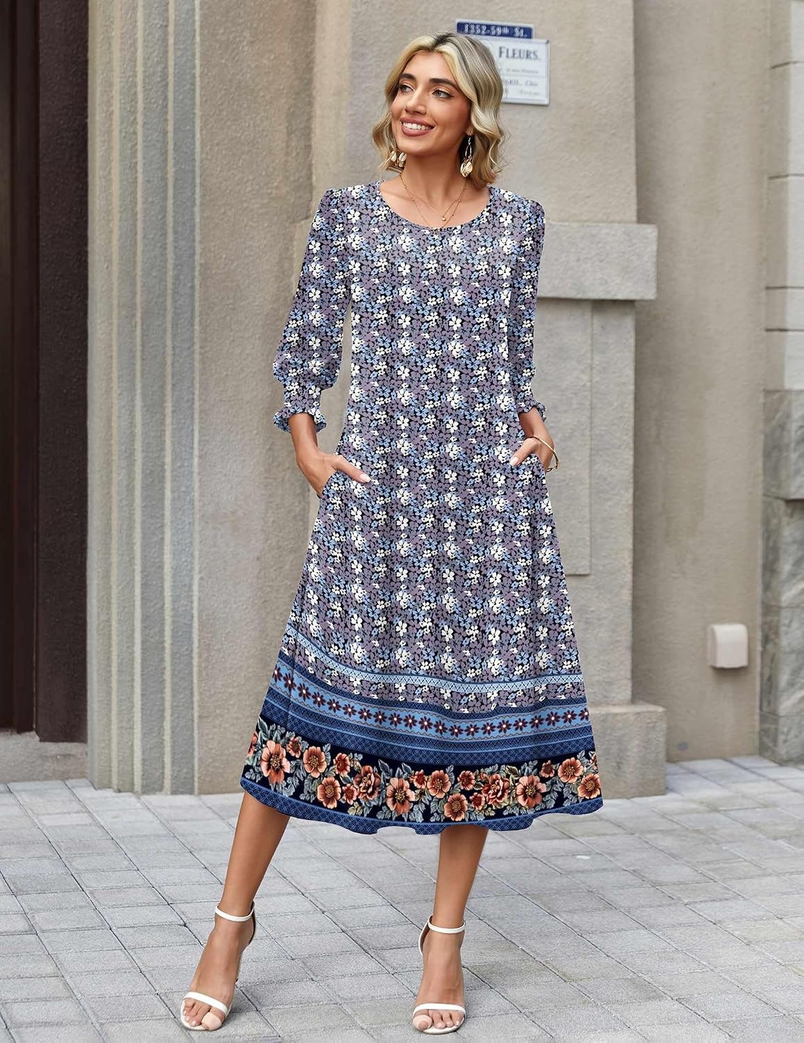image:imageZeagoo Summer Dresses for Women 2026 34 Sleeve Dress for Women Floral Midi Dresses for Casual Womens Dresses with PocketsFloralxh547