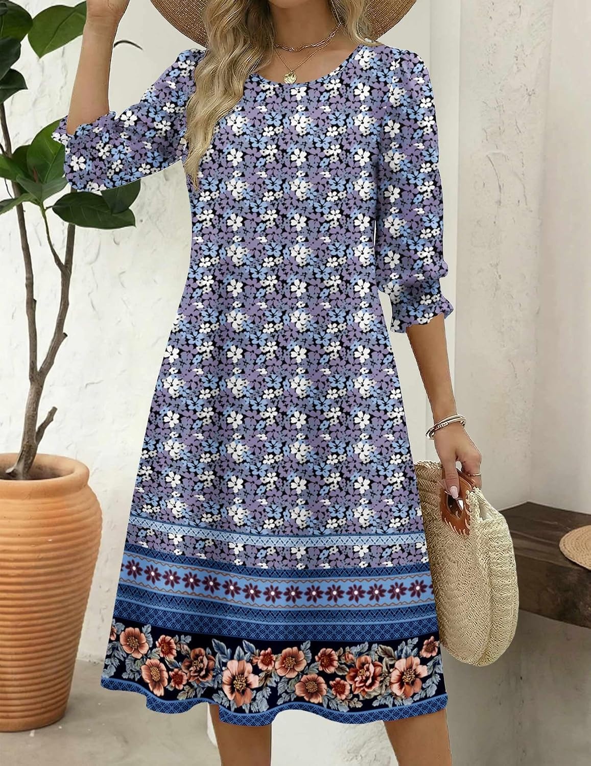 image:imageZeagoo Summer Dresses for Women 2026 34 Sleeve Dress for Women Floral Midi Dresses for Casual Womens Dresses with PocketsFloralxh547