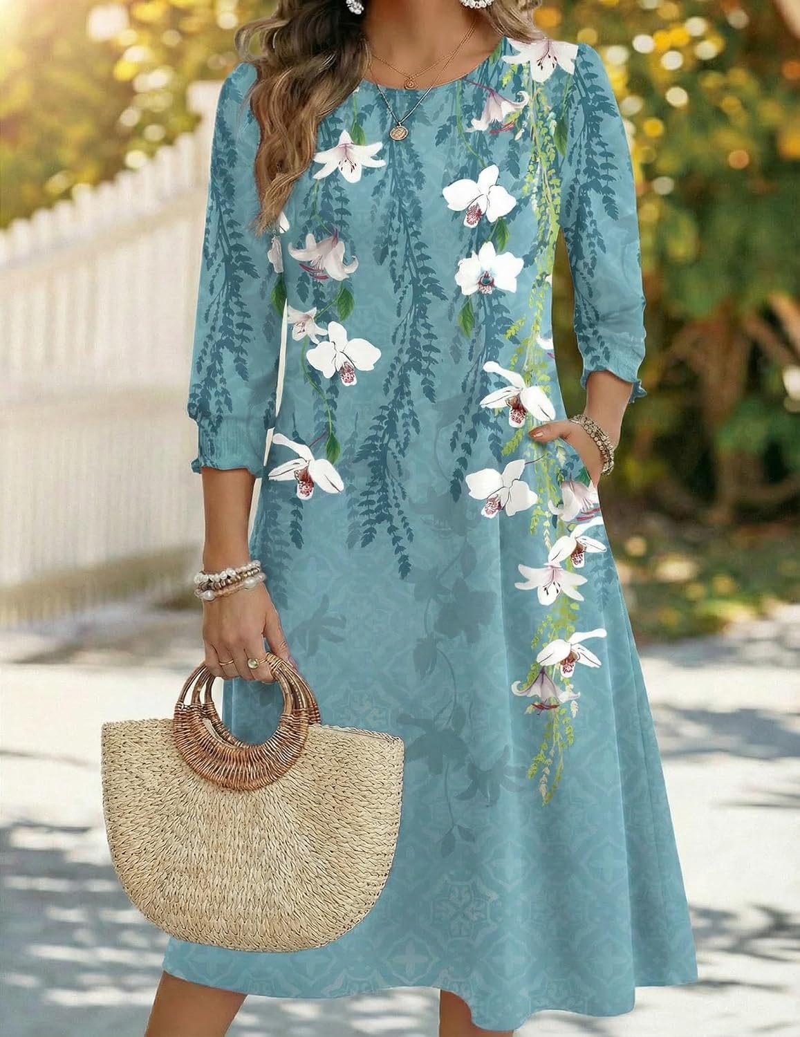 image:imageZeagoo Summer Dresses for Women 2026 34 Sleeve Dress for Women Floral Midi Dresses for Casual Womens Dresses with PocketsFloralzw89