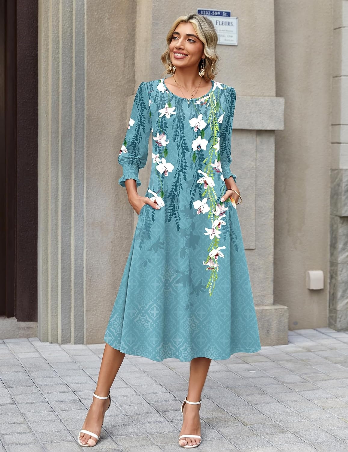 image:imageZeagoo Summer Dresses for Women 2026 34 Sleeve Dress for Women Floral Midi Dresses for Casual Womens Dresses with PocketsFloralzw89
