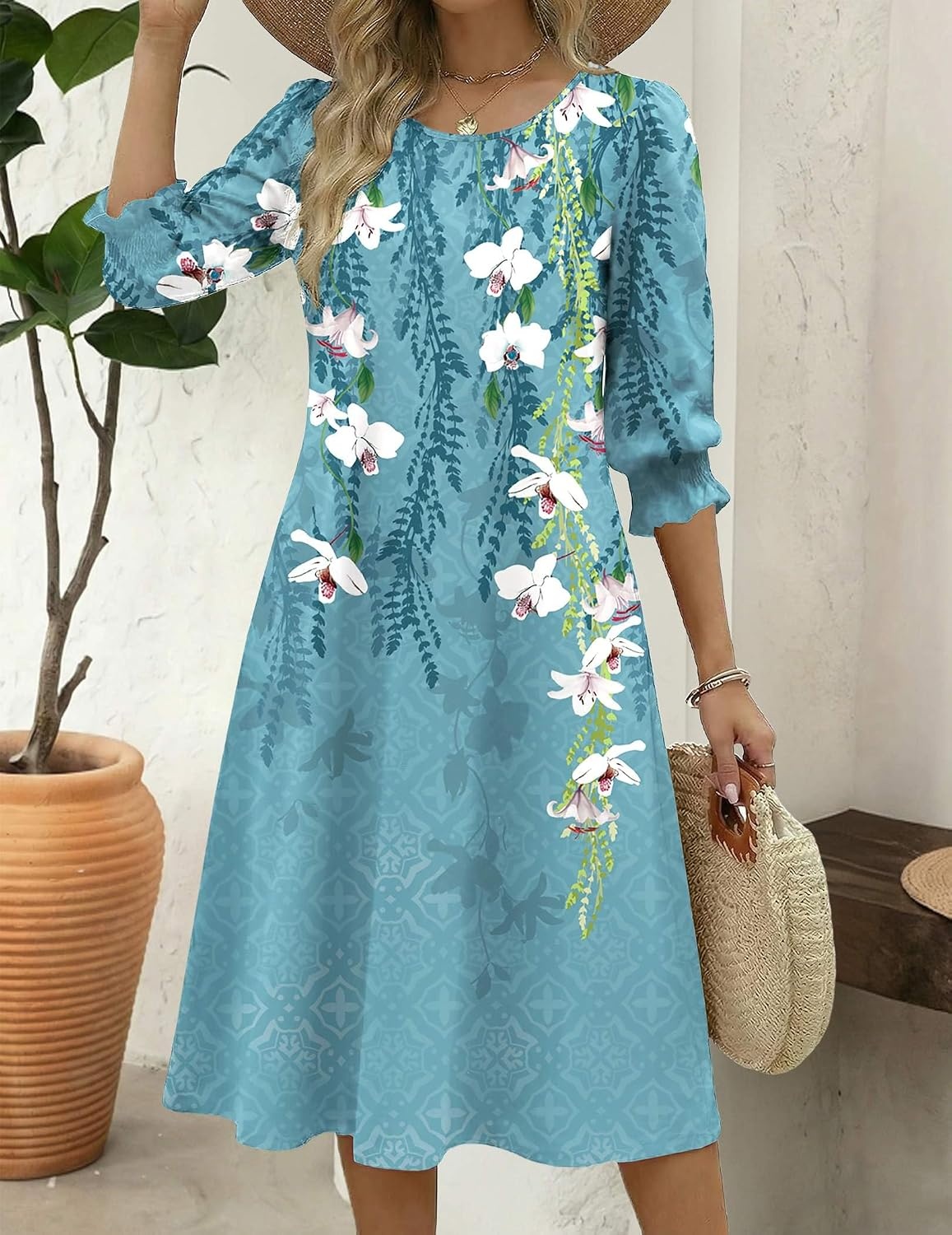 image:imageZeagoo Summer Dresses for Women 2026 34 Sleeve Dress for Women Floral Midi Dresses for Casual Womens Dresses with PocketsFloralzw89