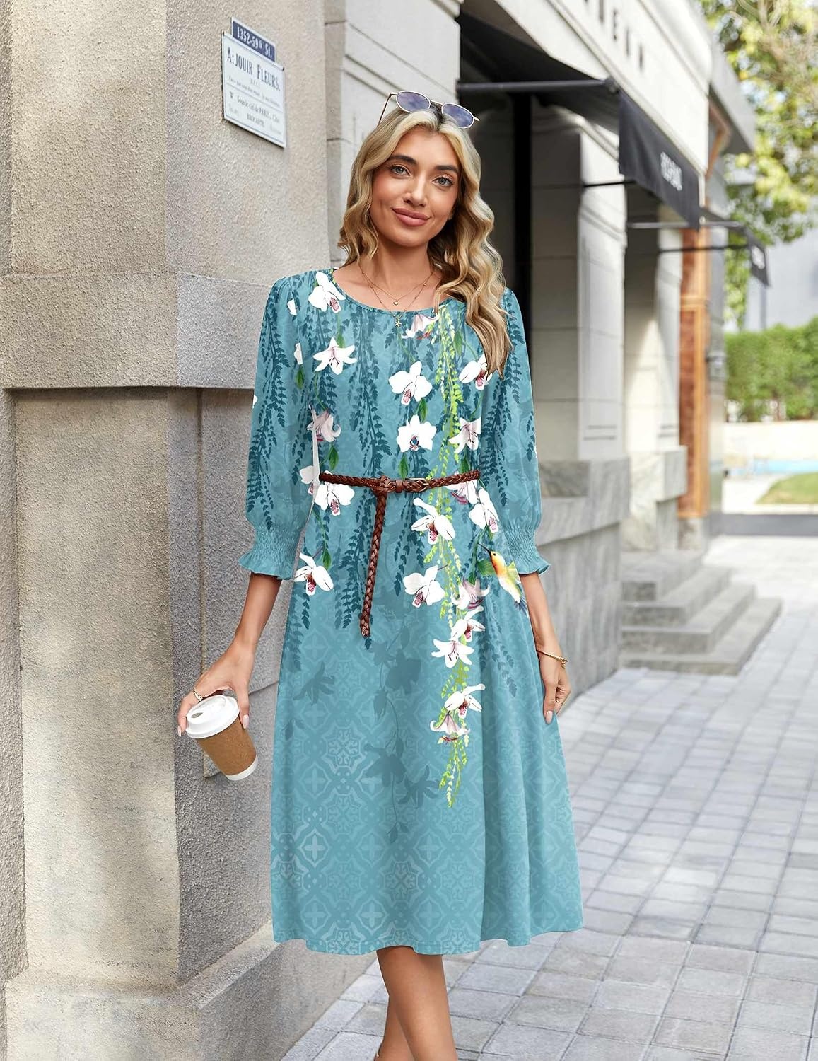 image:imageZeagoo Summer Dresses for Women 2026 34 Sleeve Dress for Women Floral Midi Dresses for Casual Womens Dresses with PocketsFloralzw89