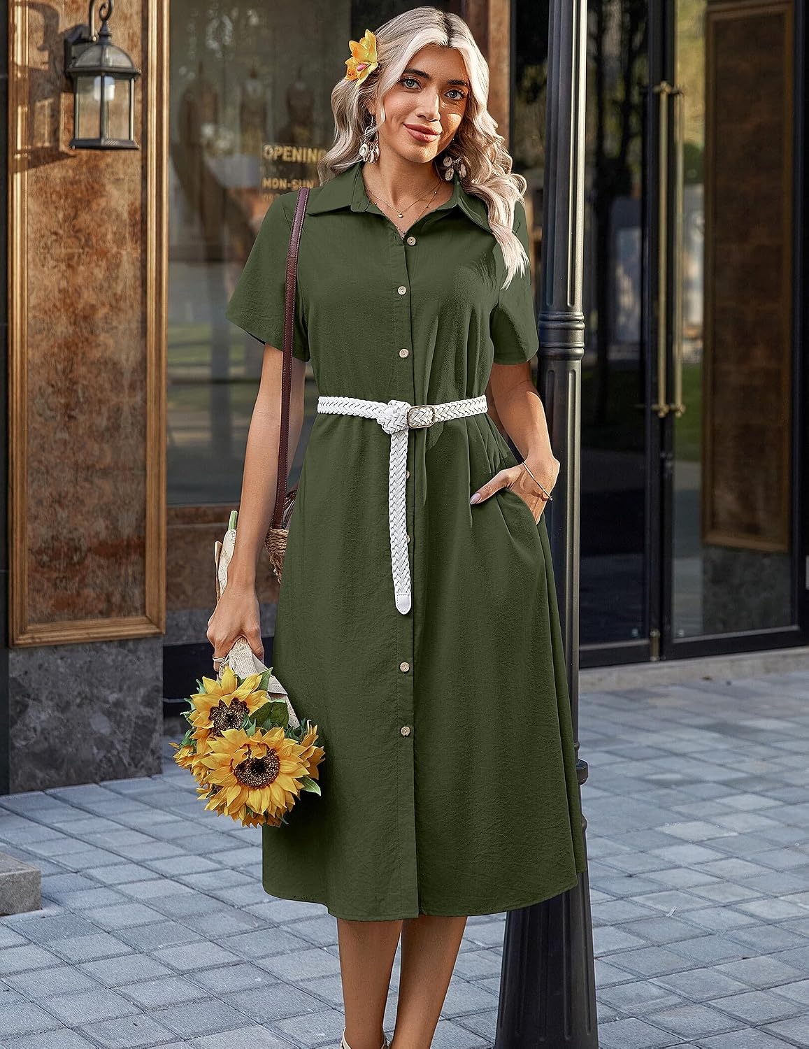 image:imageZeagoo Summer Dresses for Women 2026 Button Down Shirt Dresses Aline Long Sundress Short Sleeve Beach Travel Cover UpArmy Green