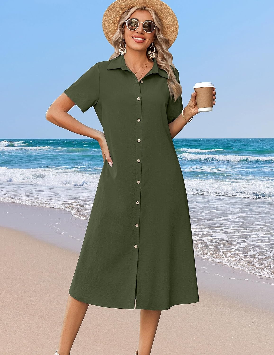 image:imageZeagoo Summer Dresses for Women 2026 Button Down Shirt Dresses Aline Long Sundress Short Sleeve Beach Travel Cover UpArmy Green
