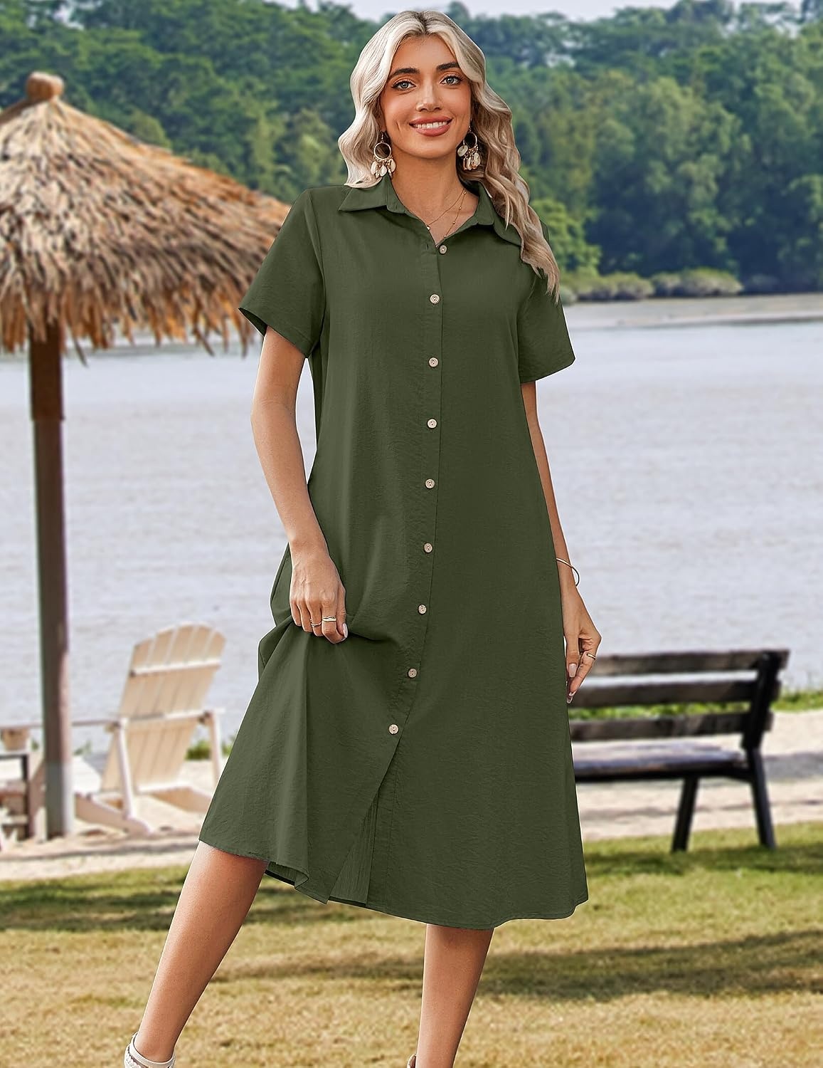 image:imageZeagoo Summer Dresses for Women 2026 Button Down Shirt Dresses Aline Long Sundress Short Sleeve Beach Travel Cover UpArmy Green