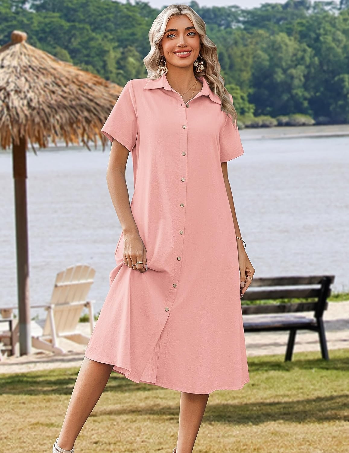 image:imageZeagoo Summer Dresses for Women 2026 Button Down Shirt Dresses Aline Long Sundress Short Sleeve Beach Travel Cover UpPink