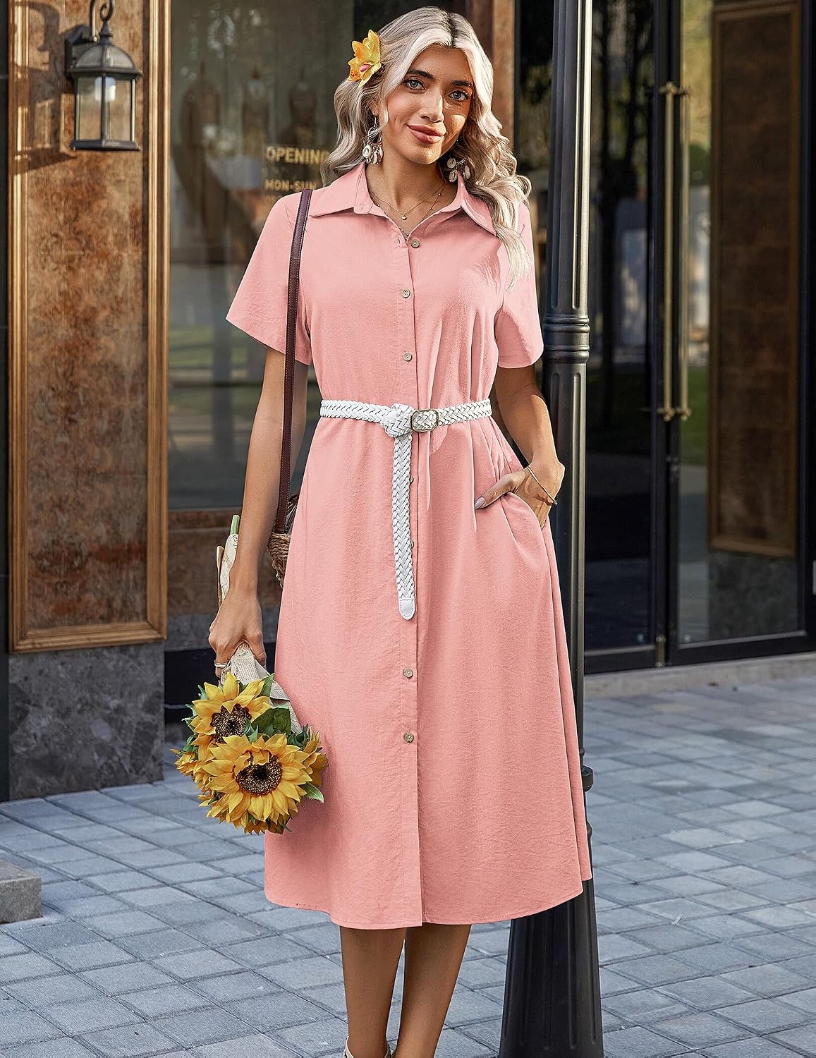 image:imageZeagoo Summer Dresses for Women 2026 Button Down Shirt Dresses Aline Long Sundress Short Sleeve Beach Travel Cover UpPink