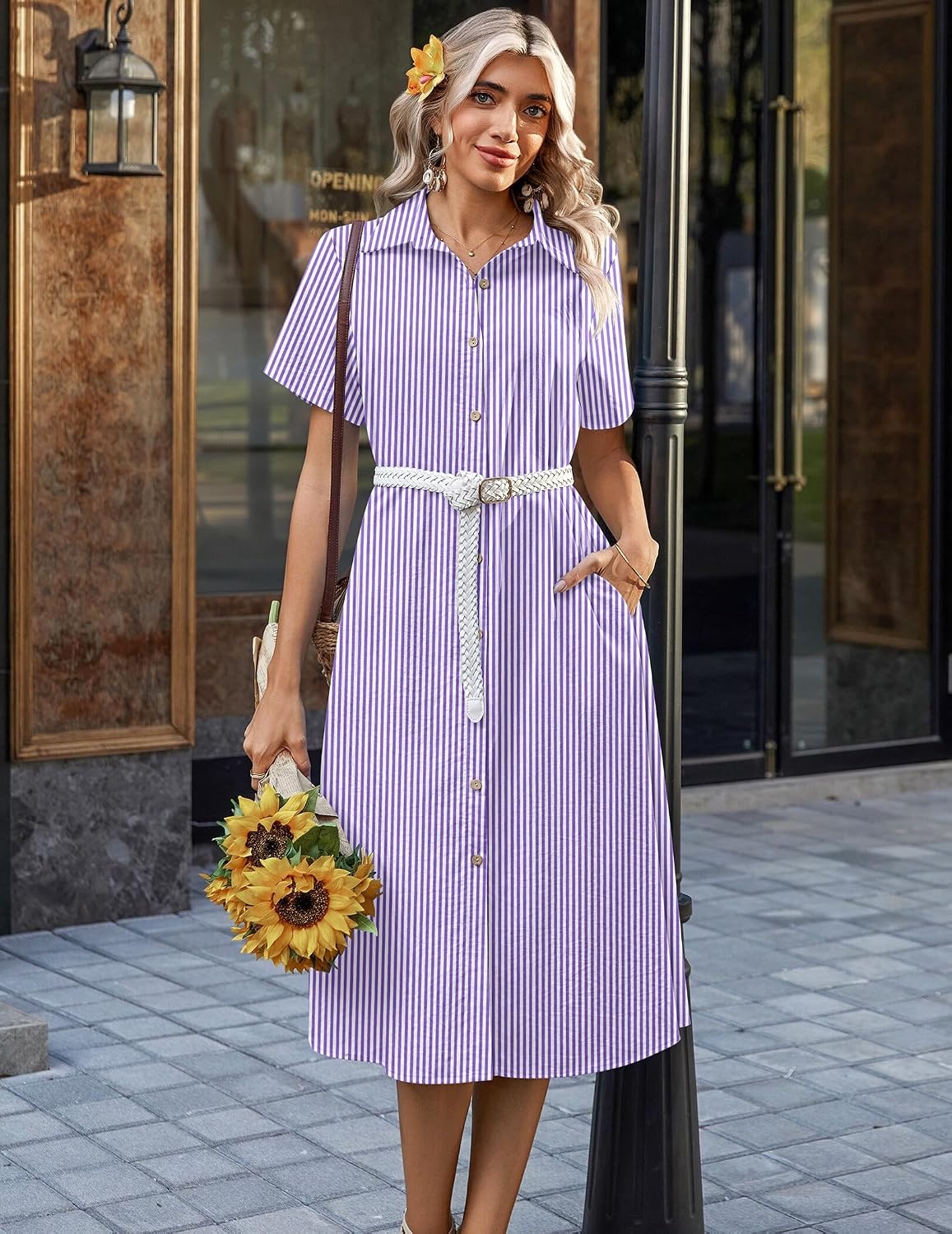image:imageZeagoo Summer Dresses for Women 2026 Button Down Shirt Dresses Aline Long Sundress Short Sleeve Beach Travel Cover UpPurple Stripe