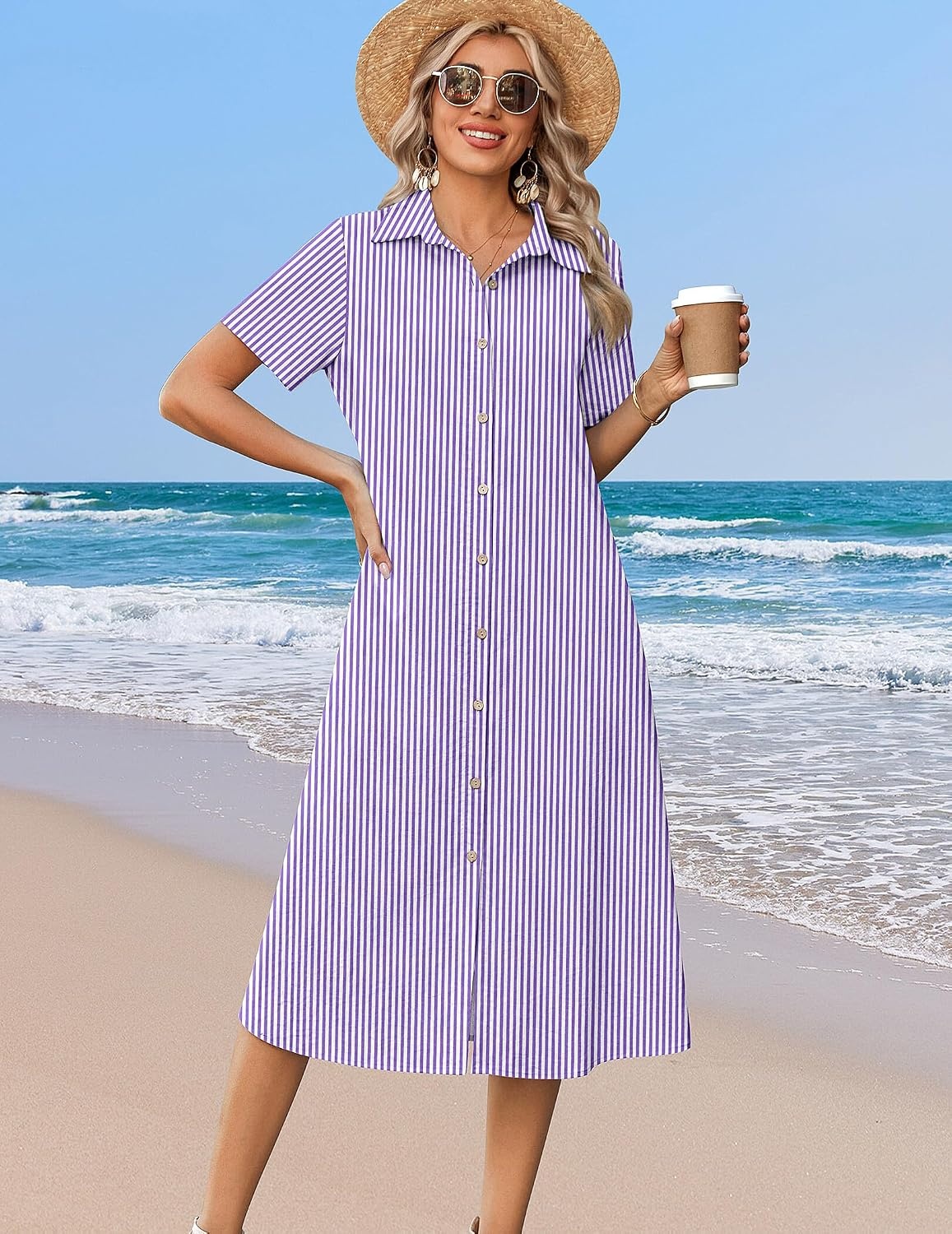 image:imageZeagoo Summer Dresses for Women 2026 Button Down Shirt Dresses Aline Long Sundress Short Sleeve Beach Travel Cover UpPurple Stripe