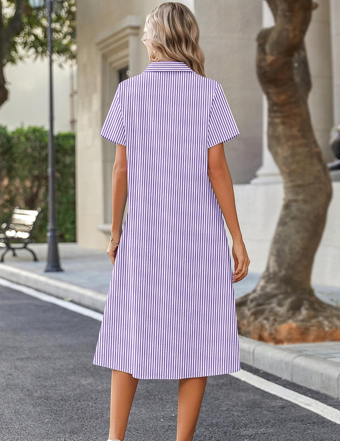 image:imageZeagoo Summer Dresses for Women 2026 Button Down Shirt Dresses Aline Long Sundress Short Sleeve Beach Travel Cover UpPurple Stripe