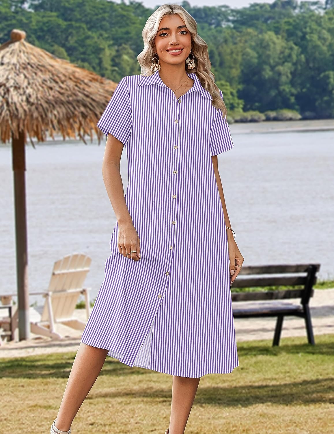 image:imageZeagoo Summer Dresses for Women 2026 Button Down Shirt Dresses Aline Long Sundress Short Sleeve Beach Travel Cover UpPurple Stripe