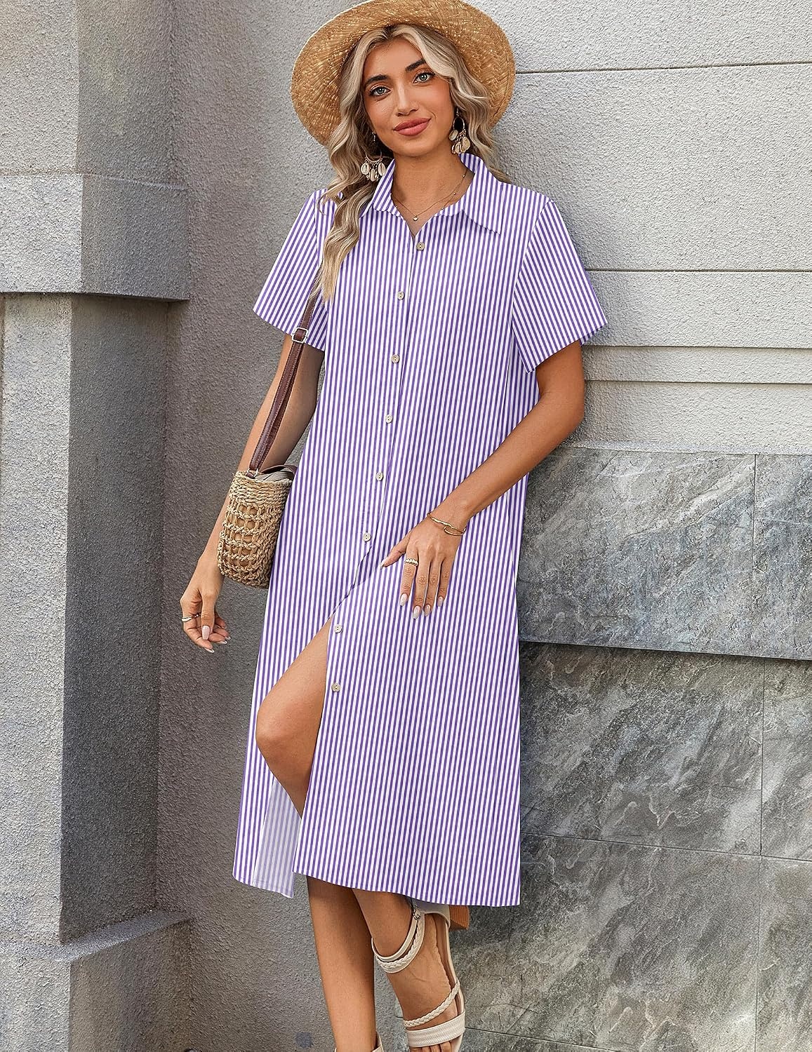 image:imageZeagoo Summer Dresses for Women 2026 Button Down Shirt Dresses Aline Long Sundress Short Sleeve Beach Travel Cover UpPurple Stripe